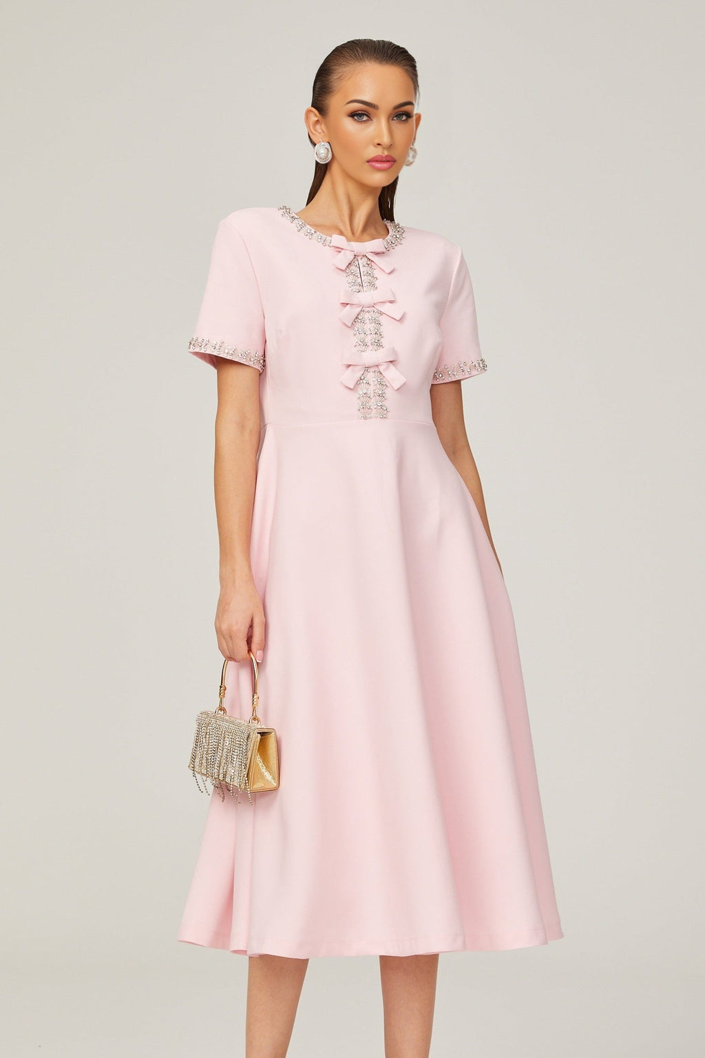 Tiffany Midi Dress Pink Crystal Bow Flared Skirt & Rear Zip