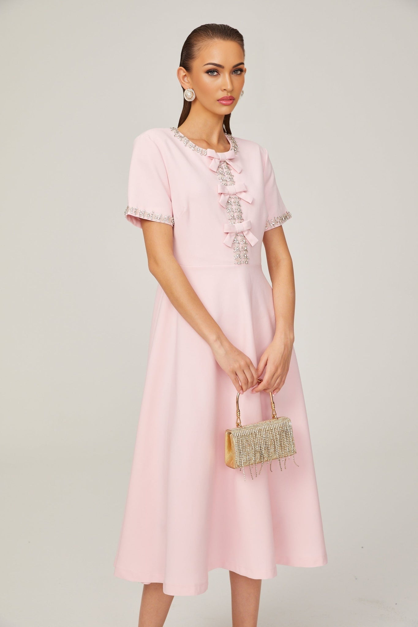 Tiffany Midi Dress Pink Crystal Bow Flared Skirt & Rear Zip