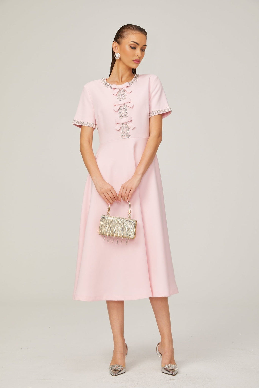 Tiffany Midi Dress Pink Crystal Bow Flared Skirt & Rear Zip