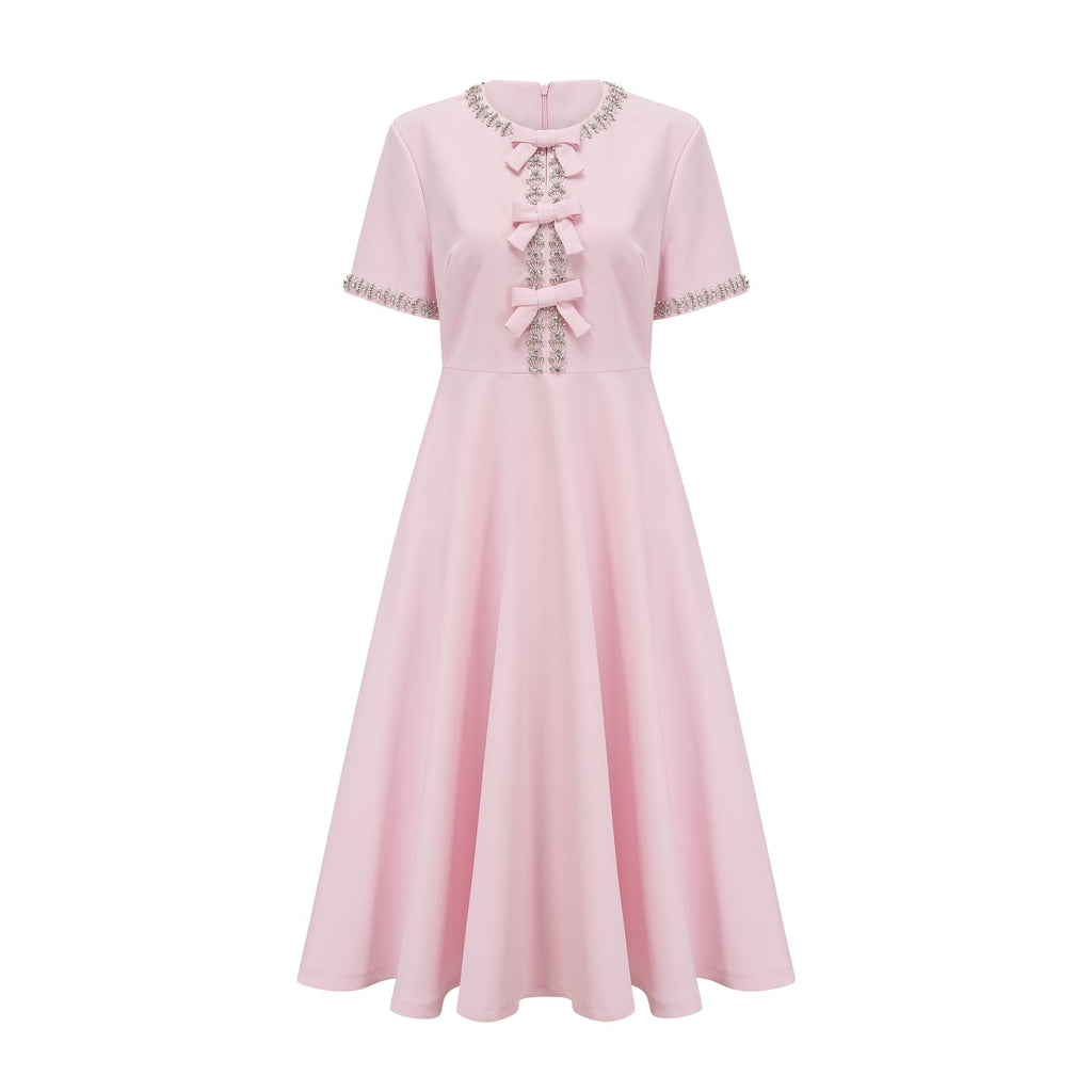 Tiffany Midi Dress Pink Crystal Bow Flared Skirt & Rear Zip