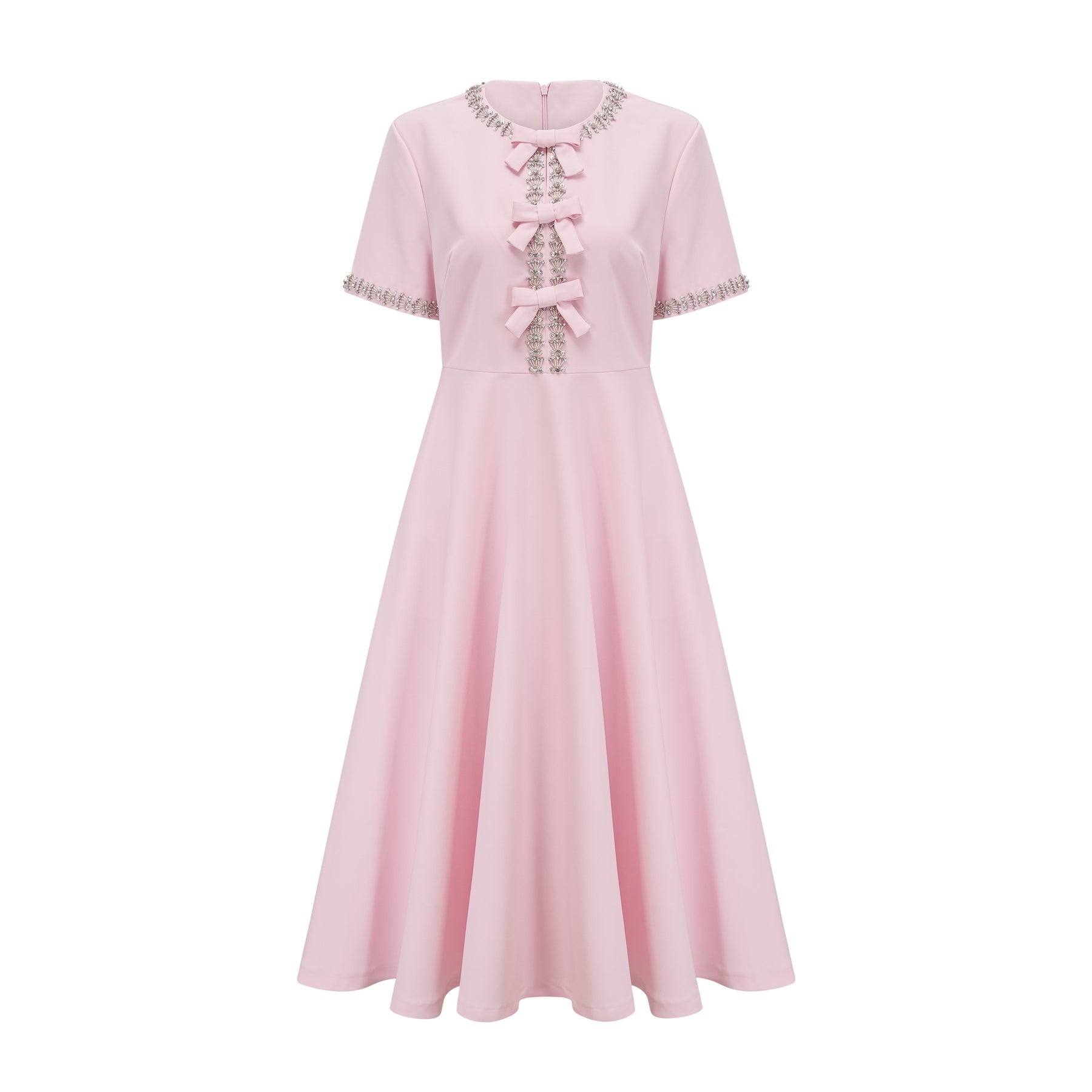 Tiffany Midi Dress Pink Crystal Bow Flared Skirt & Rear Zip