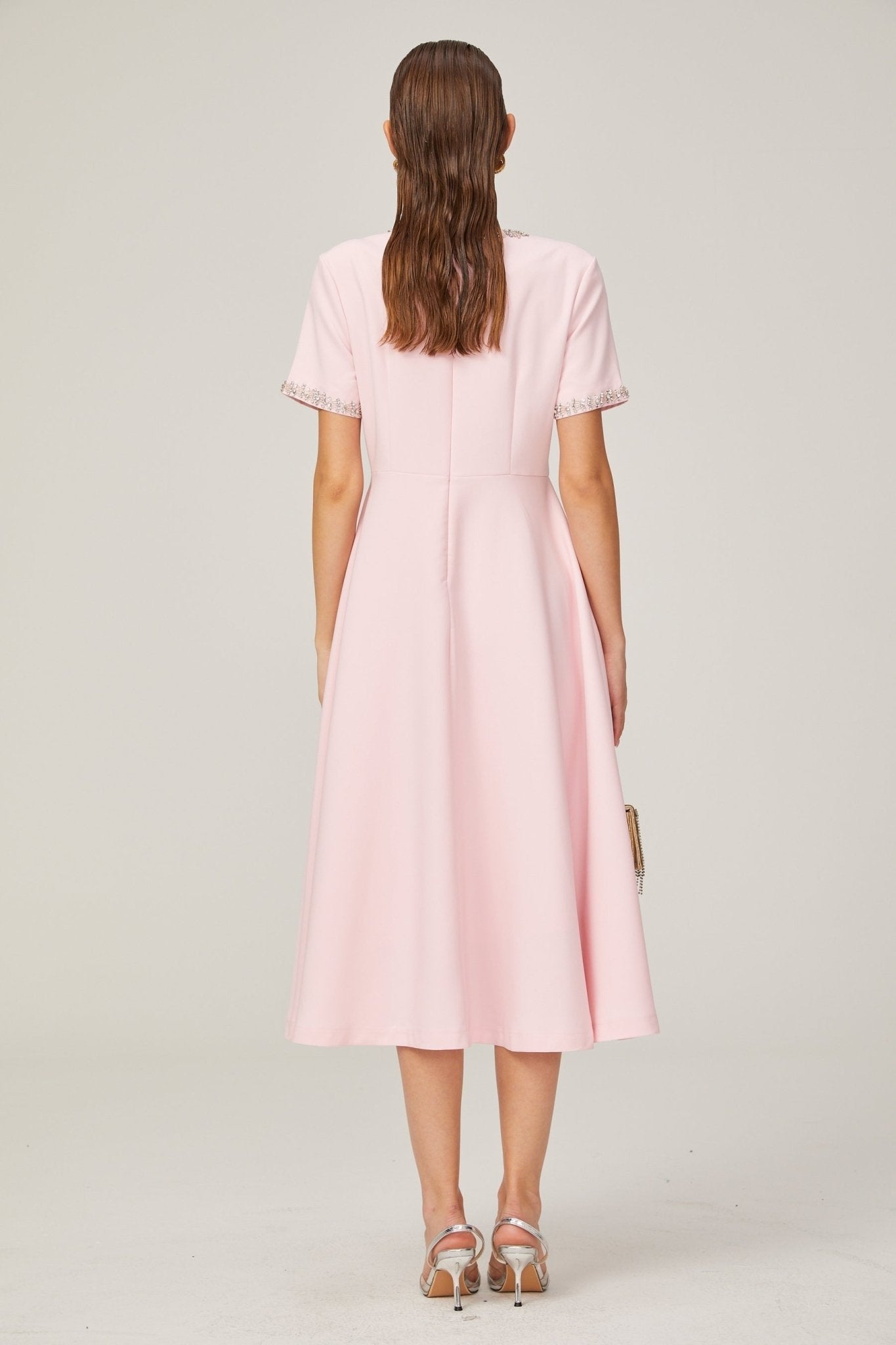 Tiffany Midi Dress Pink Crystal Bow Flared Skirt & Rear Zip