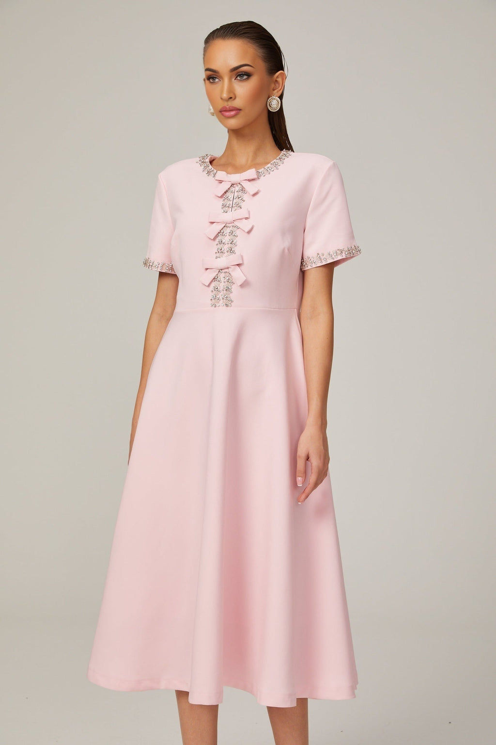 Tiffany Midi Dress Pink Crystal Bow Flared Skirt & Rear Zip
