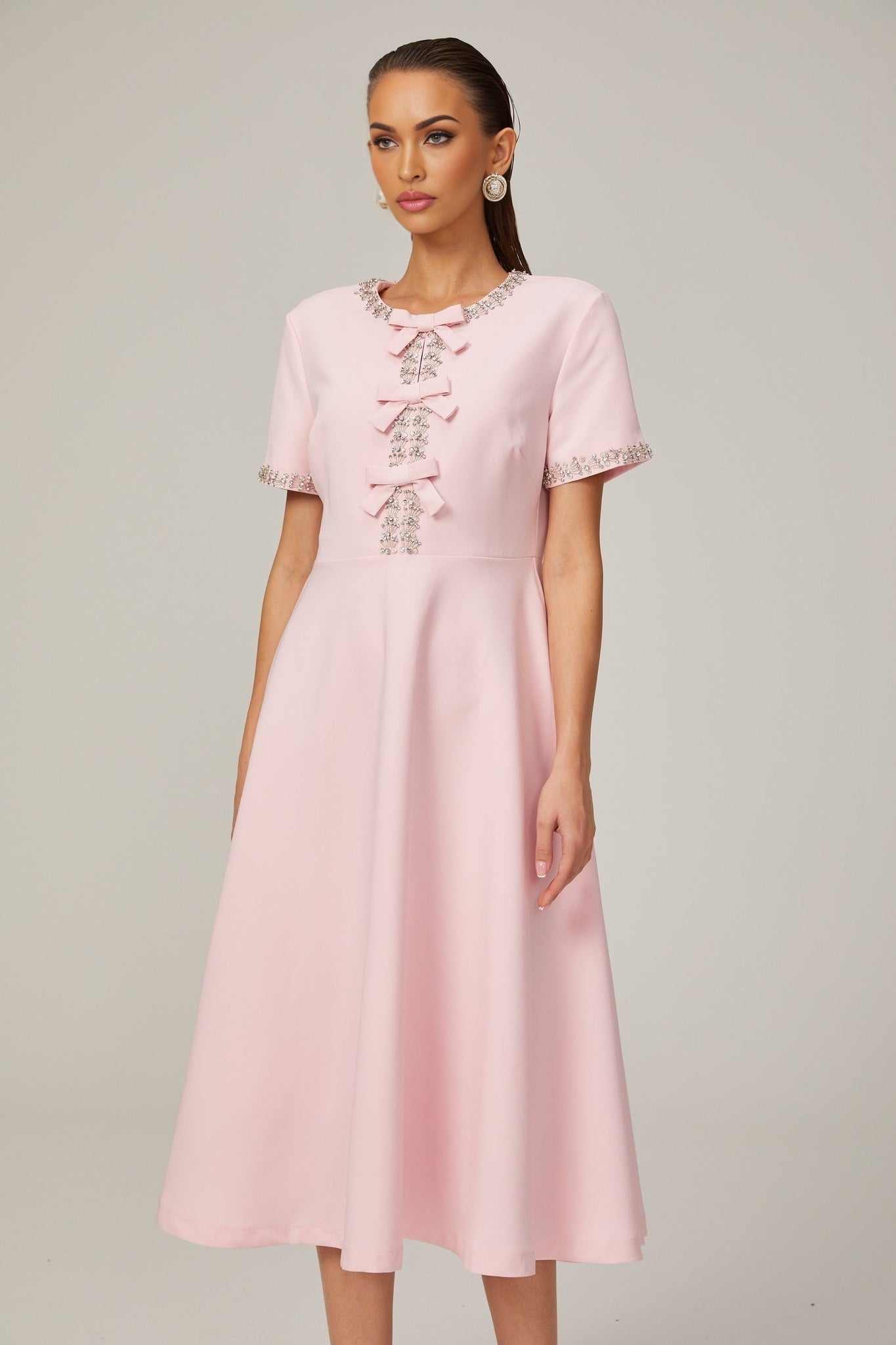 Tiffany Midi Dress Pink Crystal Bow Flared Skirt & Rear Zip