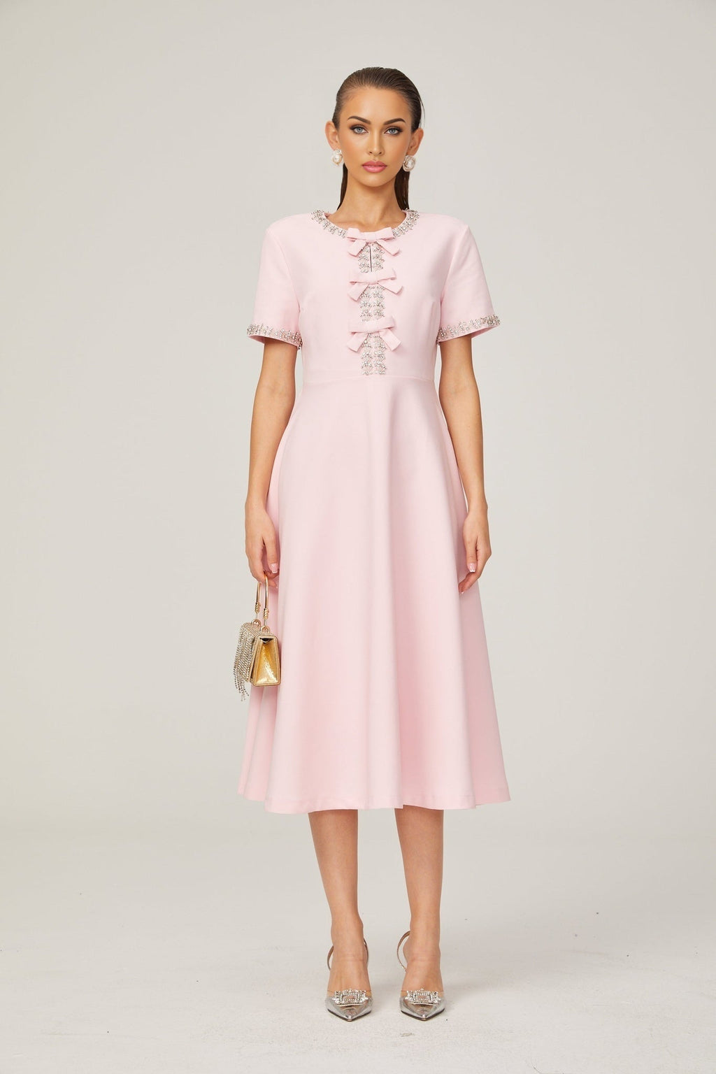 Tiffany Midi Dress Pink Crystal Bow Flared Skirt & Rear Zip
