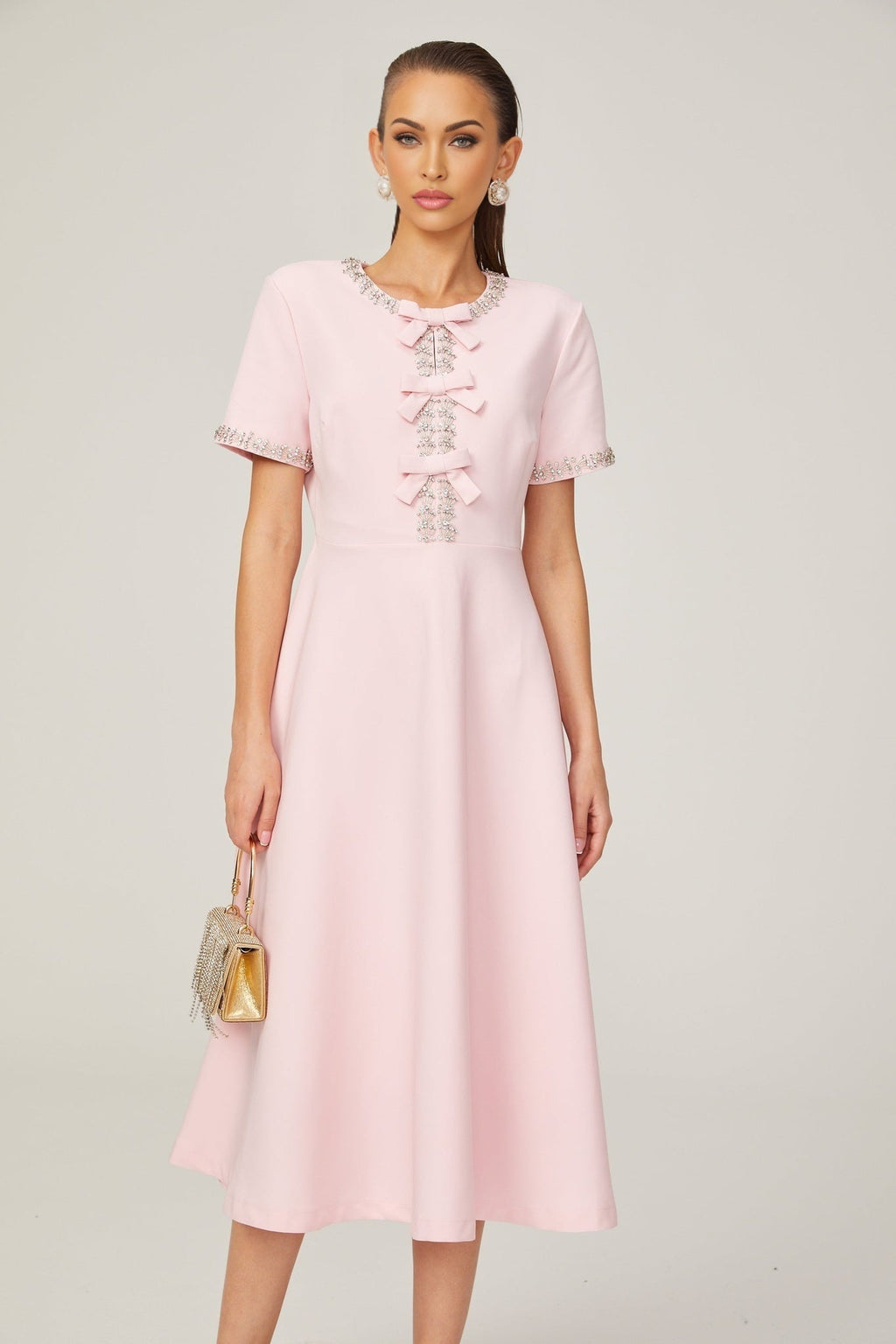 Tiffany Midi Dress Pink Crystal Bow Flared Skirt & Rear Zip