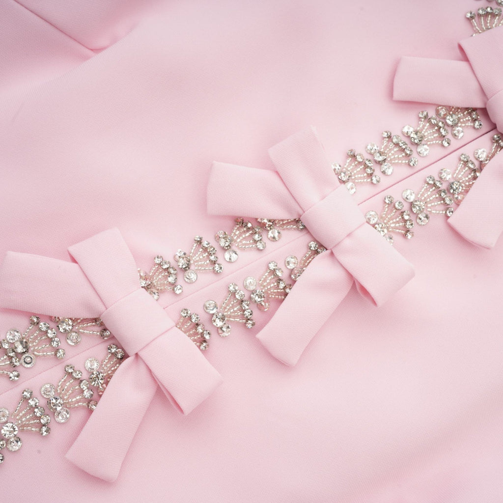 Tiffany Midi Dress Pink Crystal Bow Flared Skirt & Rear Zip