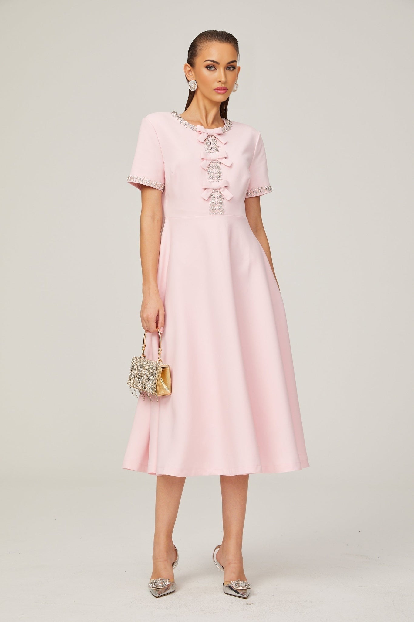 Tiffany Midi Dress Pink Crystal Bow Flared Skirt & Rear Zip