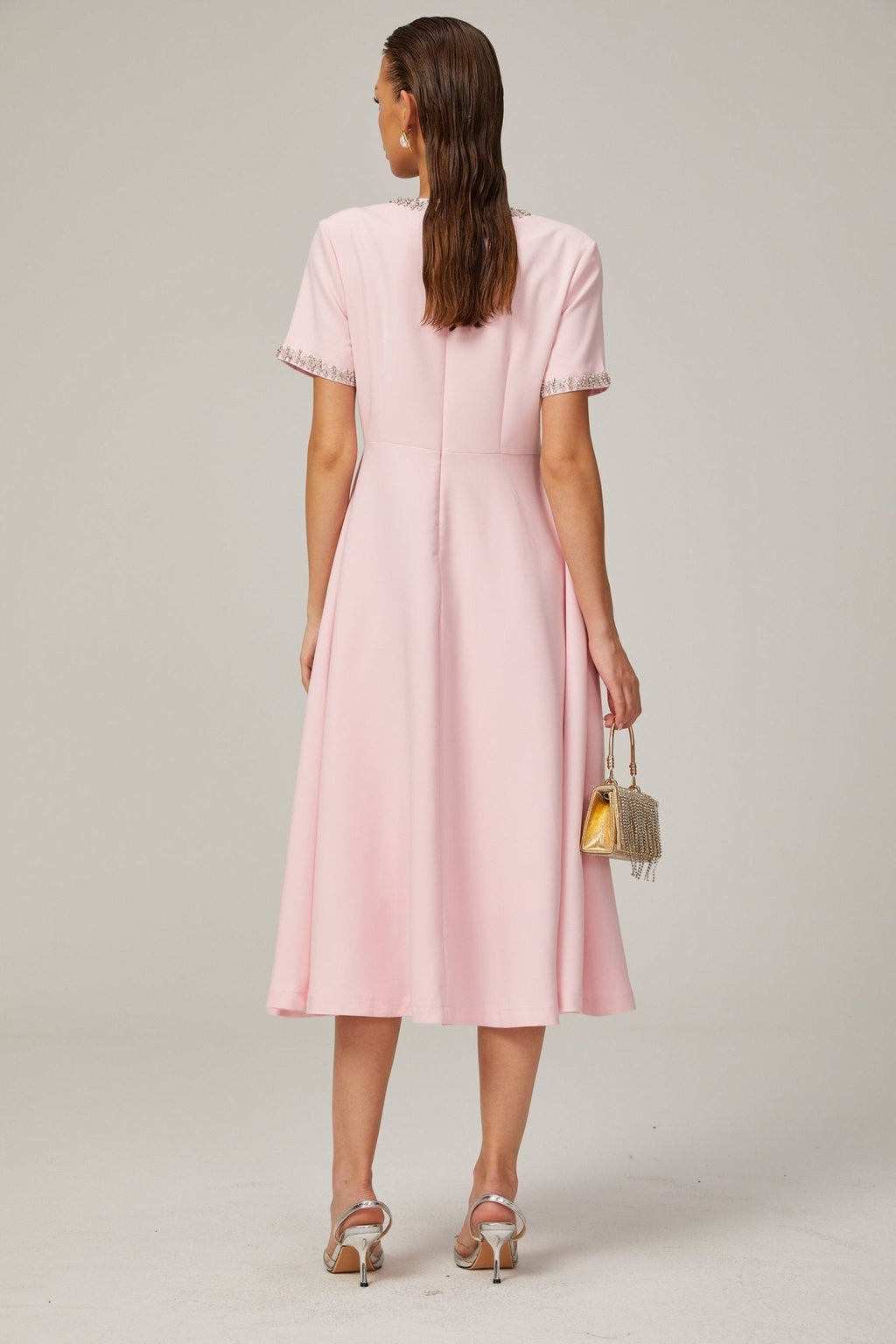 Tiffany Midi Dress Pink Crystal Bow Flared Skirt & Rear Zip