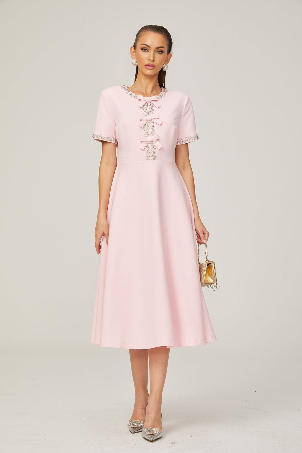 Tiffany Midi Dress Pink Crystal Bow Flared Skirt & Rear Zip