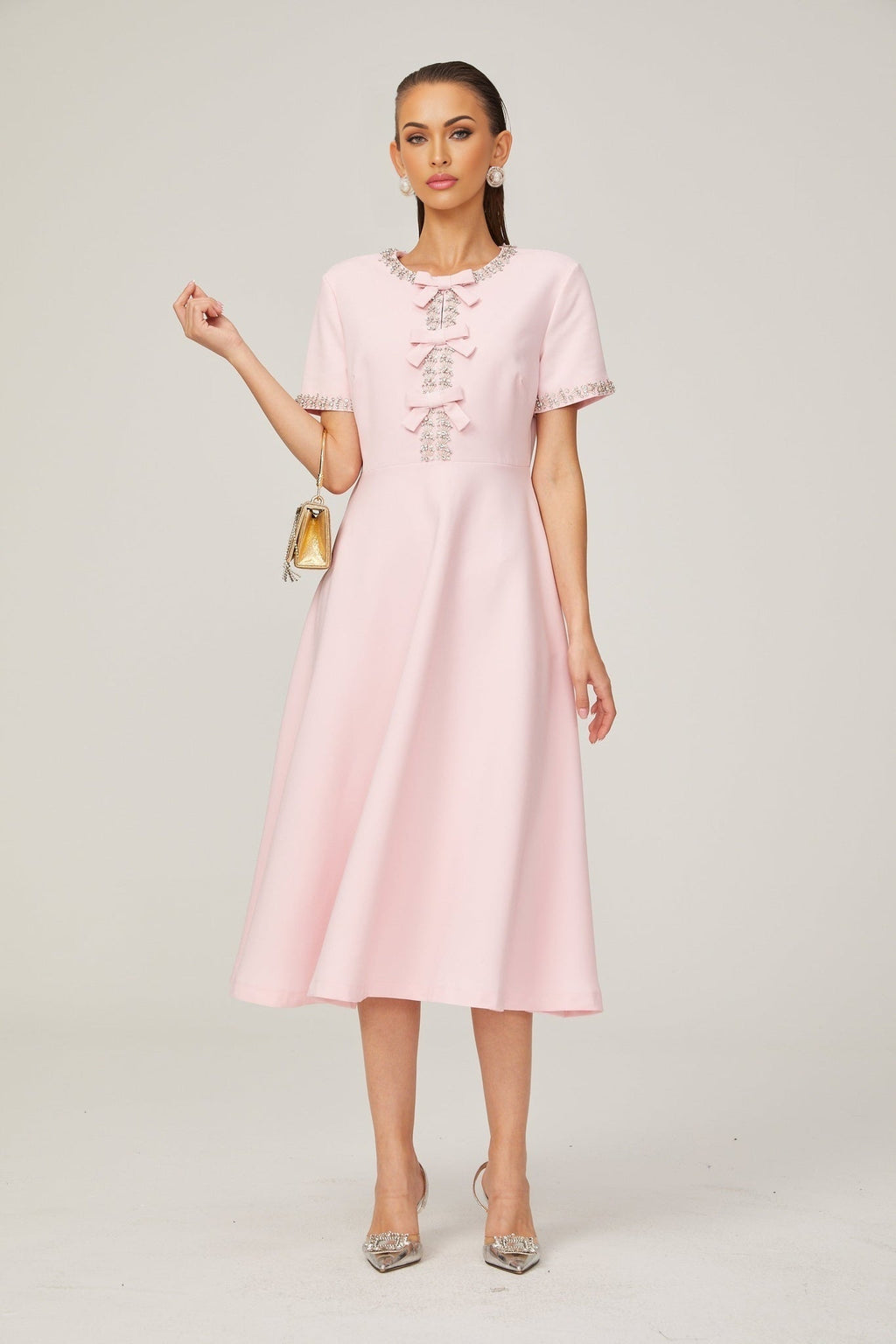 Tiffany Midi Dress Pink Crystal Bow Flared Skirt & Rear Zip