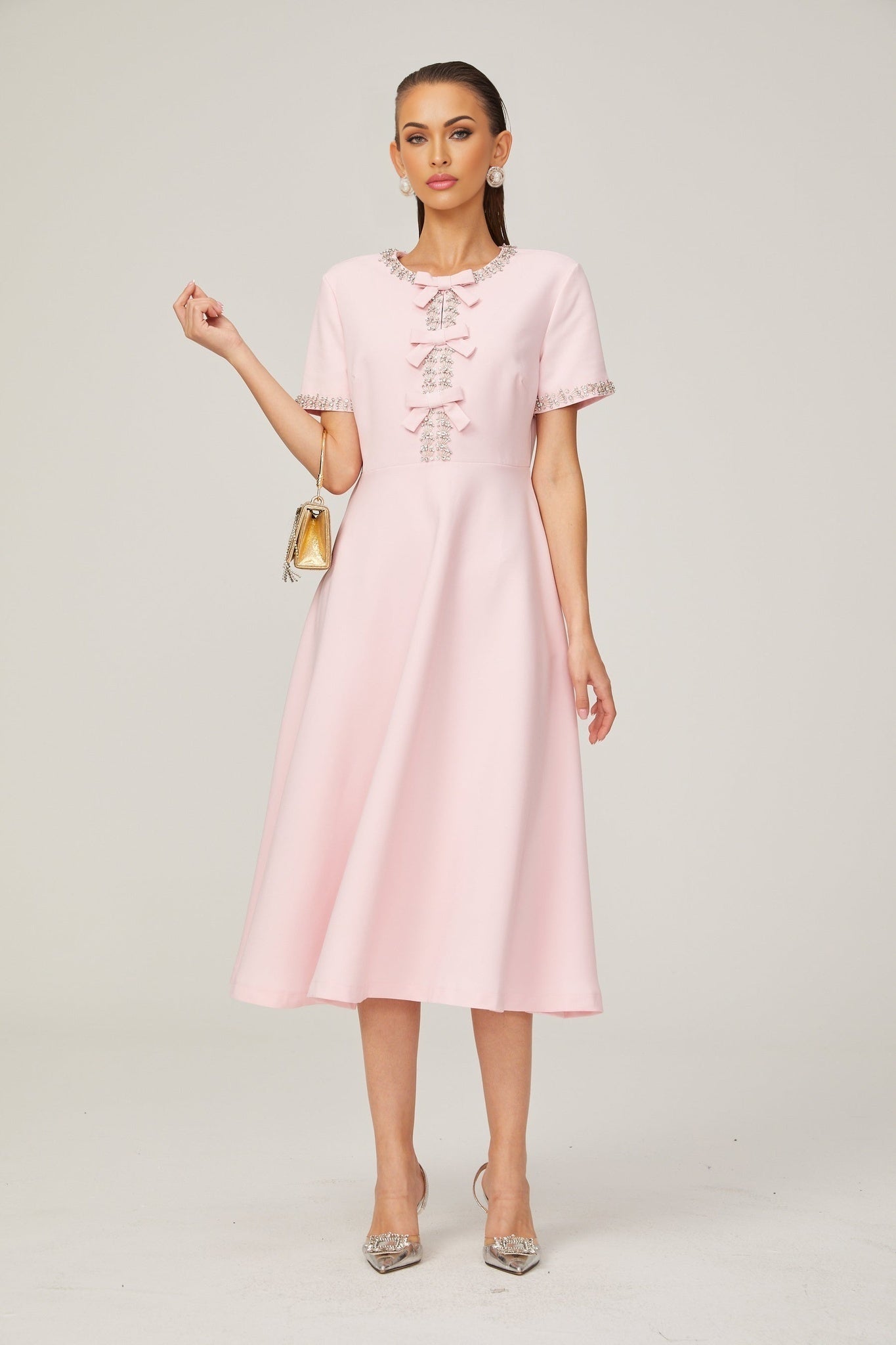 Tiffany Midi Dress Pink Crystal Bow Flared Skirt & Rear Zip
