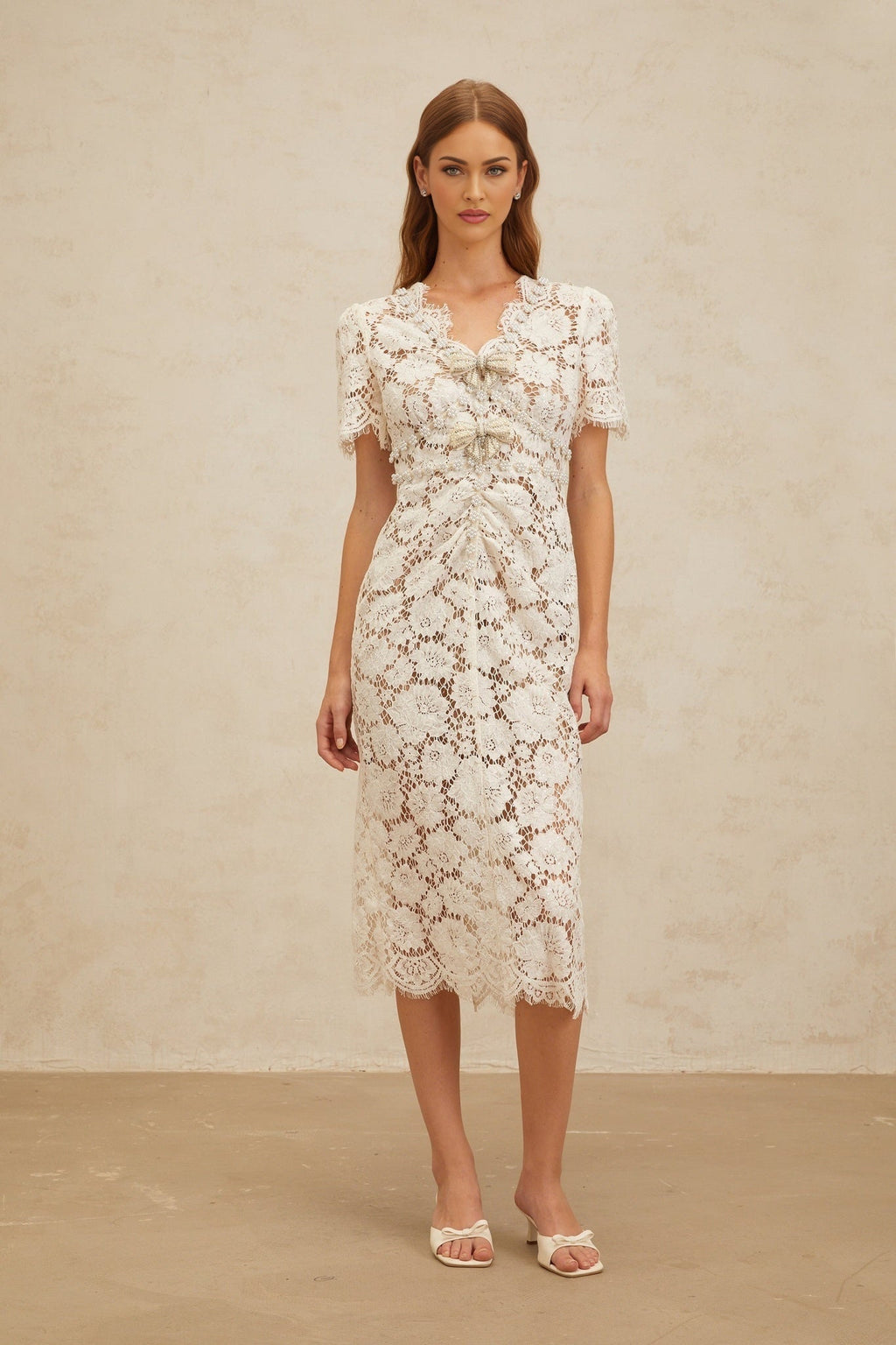 Tiffany Midi Dress - V - Neck - Glitter Detailing - Bow Brooch - Frayed Edge - Embellished - Zip Fastening - Midi Length