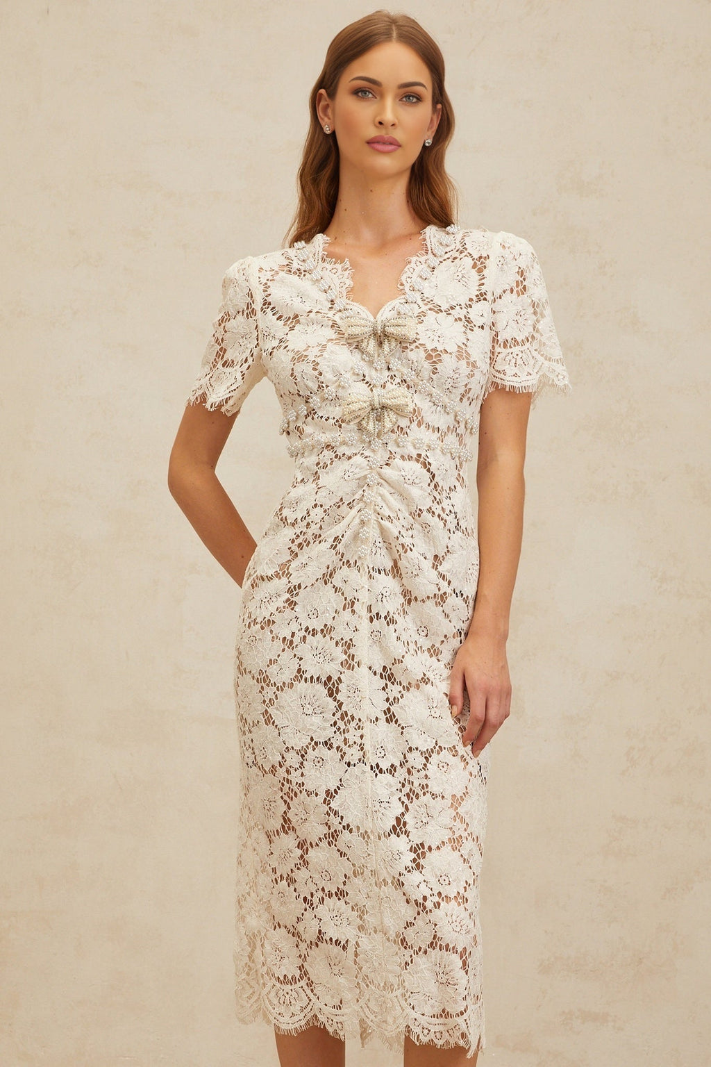 Tiffany Midi Dress - V - Neck - Glitter Detailing - Bow Brooch - Frayed Edge - Embellished - Zip Fastening - Midi Length
