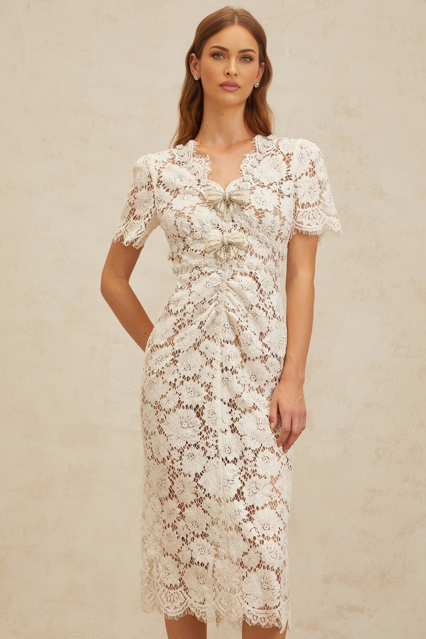 Tiffany Midi Dress - V - Neck - Glitter Detailing - Bow Brooch - Frayed Edge - Embellished - Zip Fastening - Midi Length