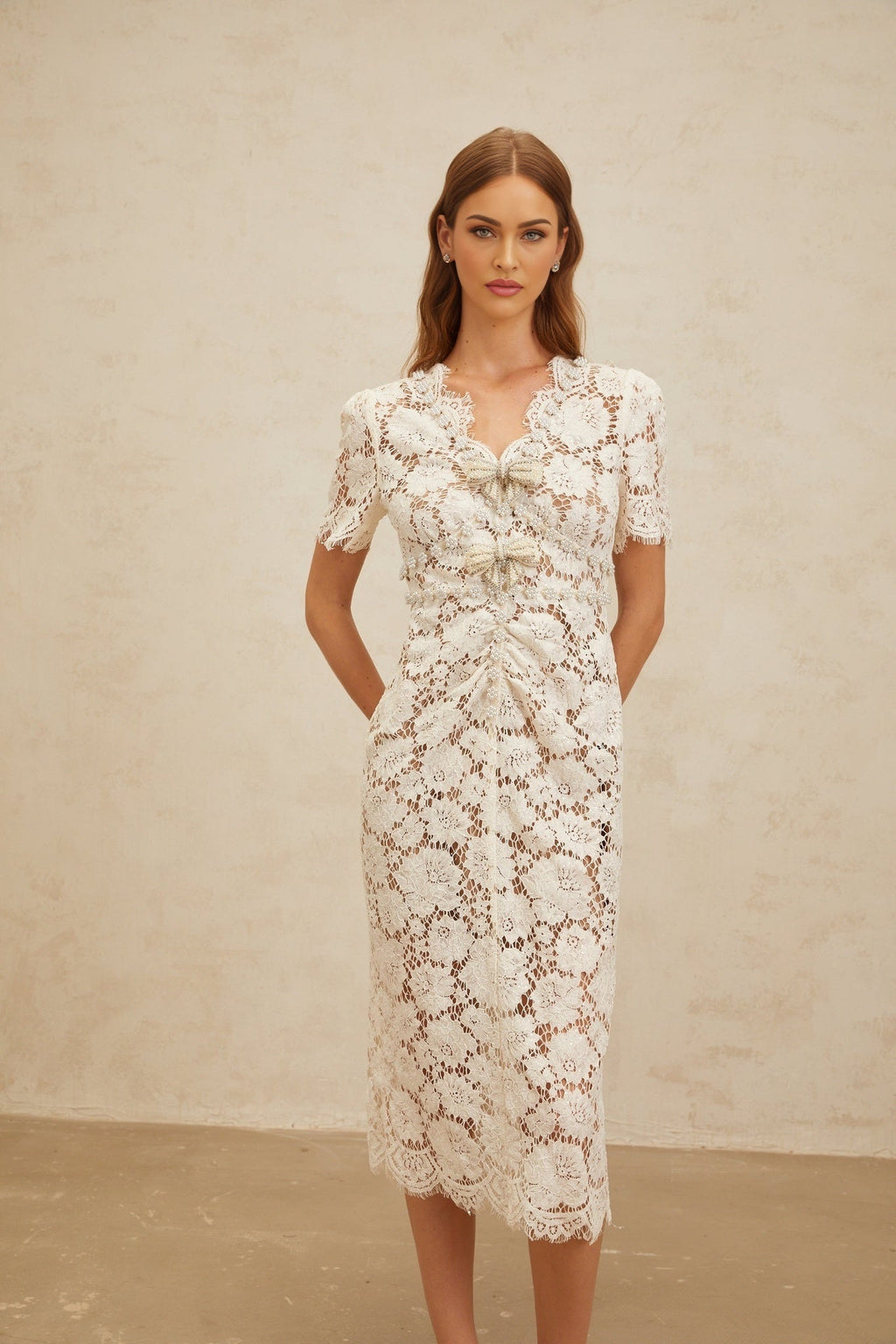 Tiffany Midi Dress - V - Neck - Glitter Detailing - Bow Brooch - Frayed Edge - Embellished - Zip Fastening - Midi Length