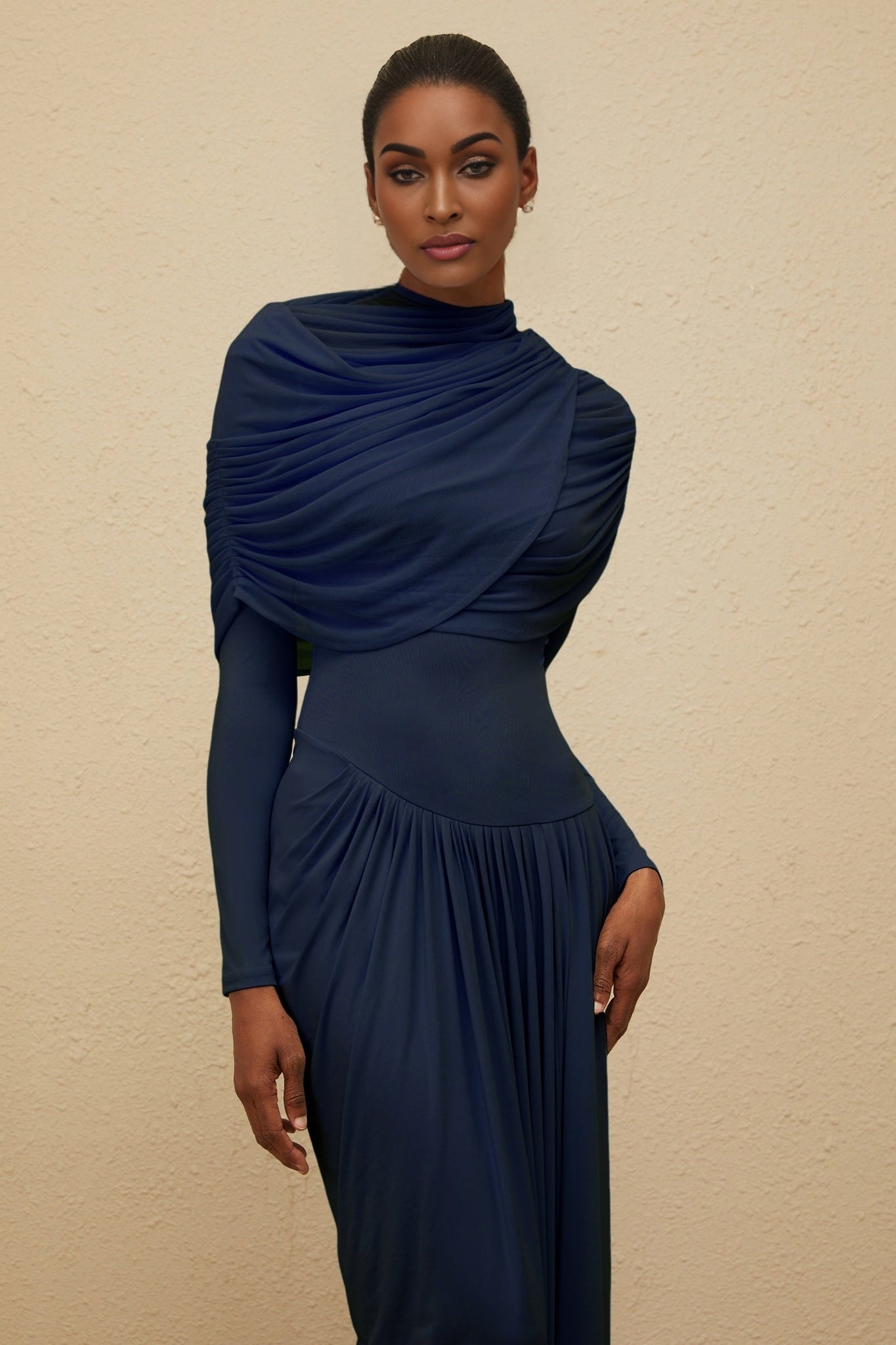 Tinsley Maxi Dress - Crew Neck - Long Sleeves - Mesh Shawl Draped Floor Length