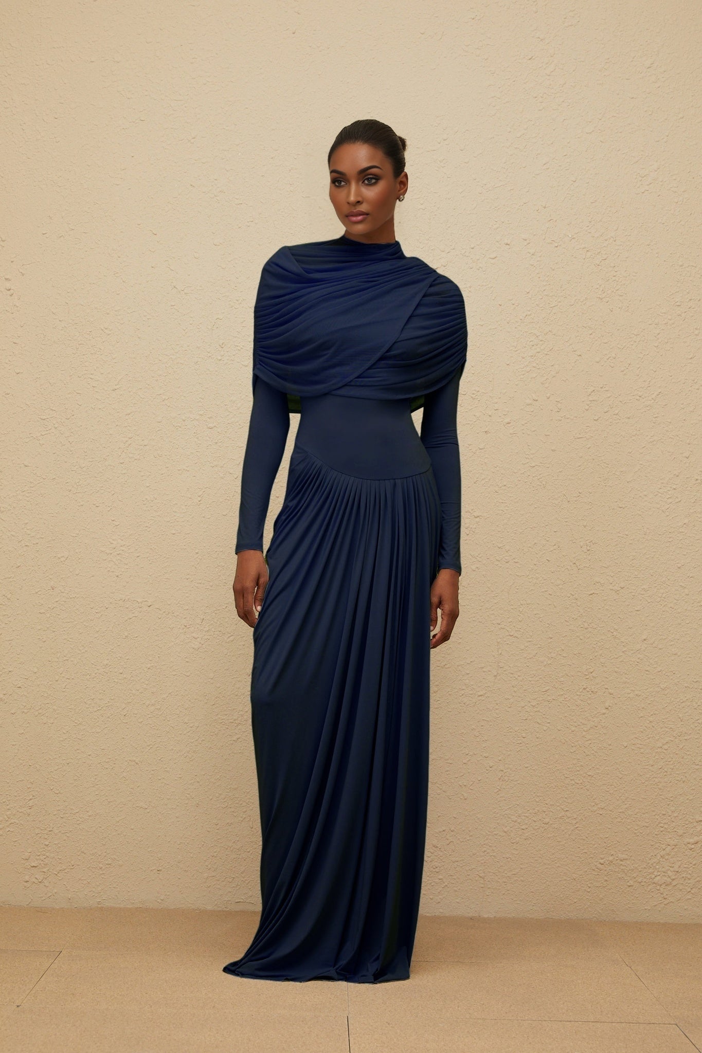 Tinsley Maxi Dress - Crew Neck - Long Sleeves - Mesh Shawl Draped Floor Length