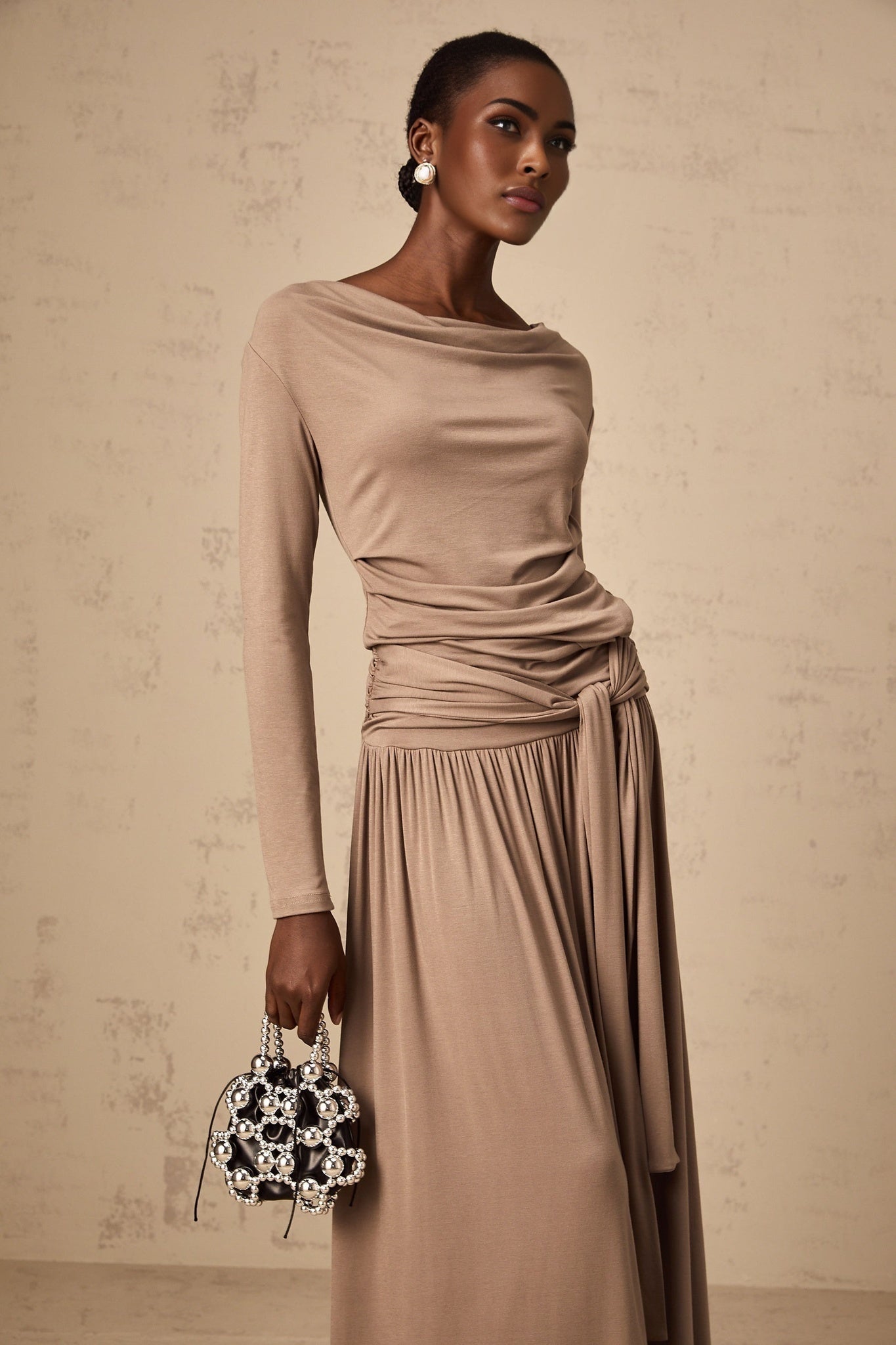 Tinsley Skirt & Top Set Oatmeal Draped Detail Matching Ensemble