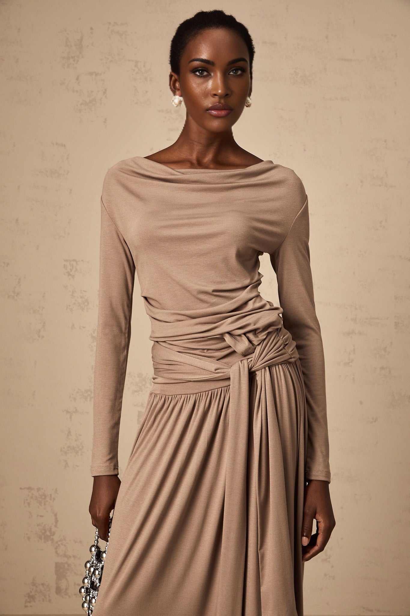 Tinsley Skirt & Top Set Oatmeal Draped Detail Matching Ensemble