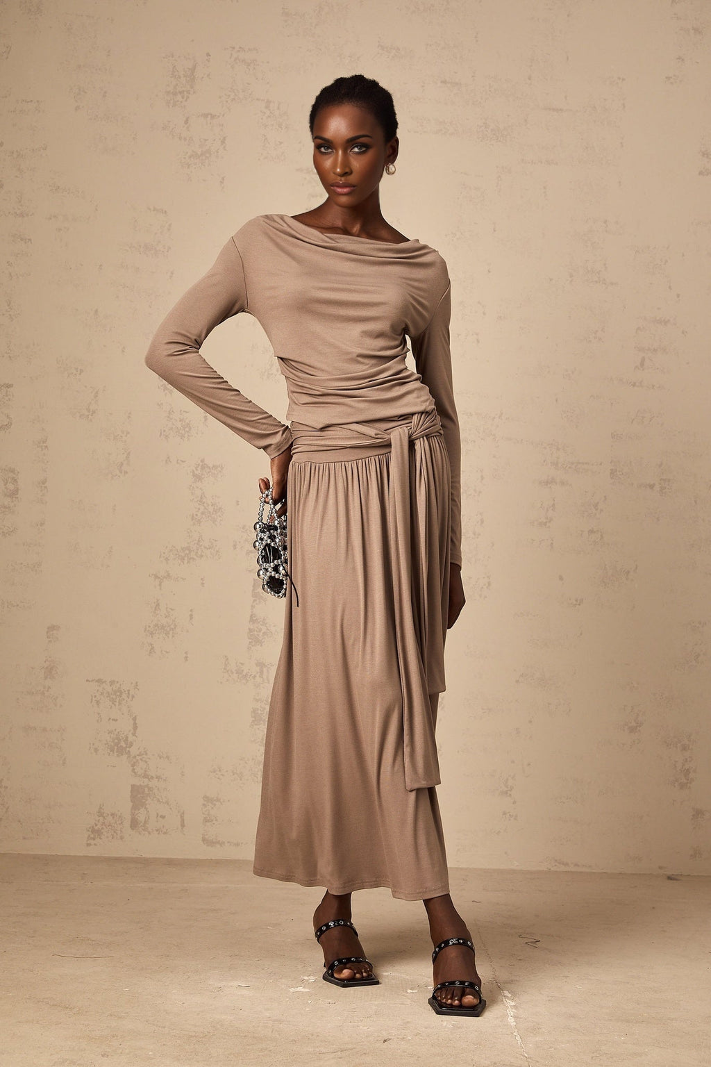 Tinsley Skirt & Top Set Oatmeal Draped Detail Matching Ensemble