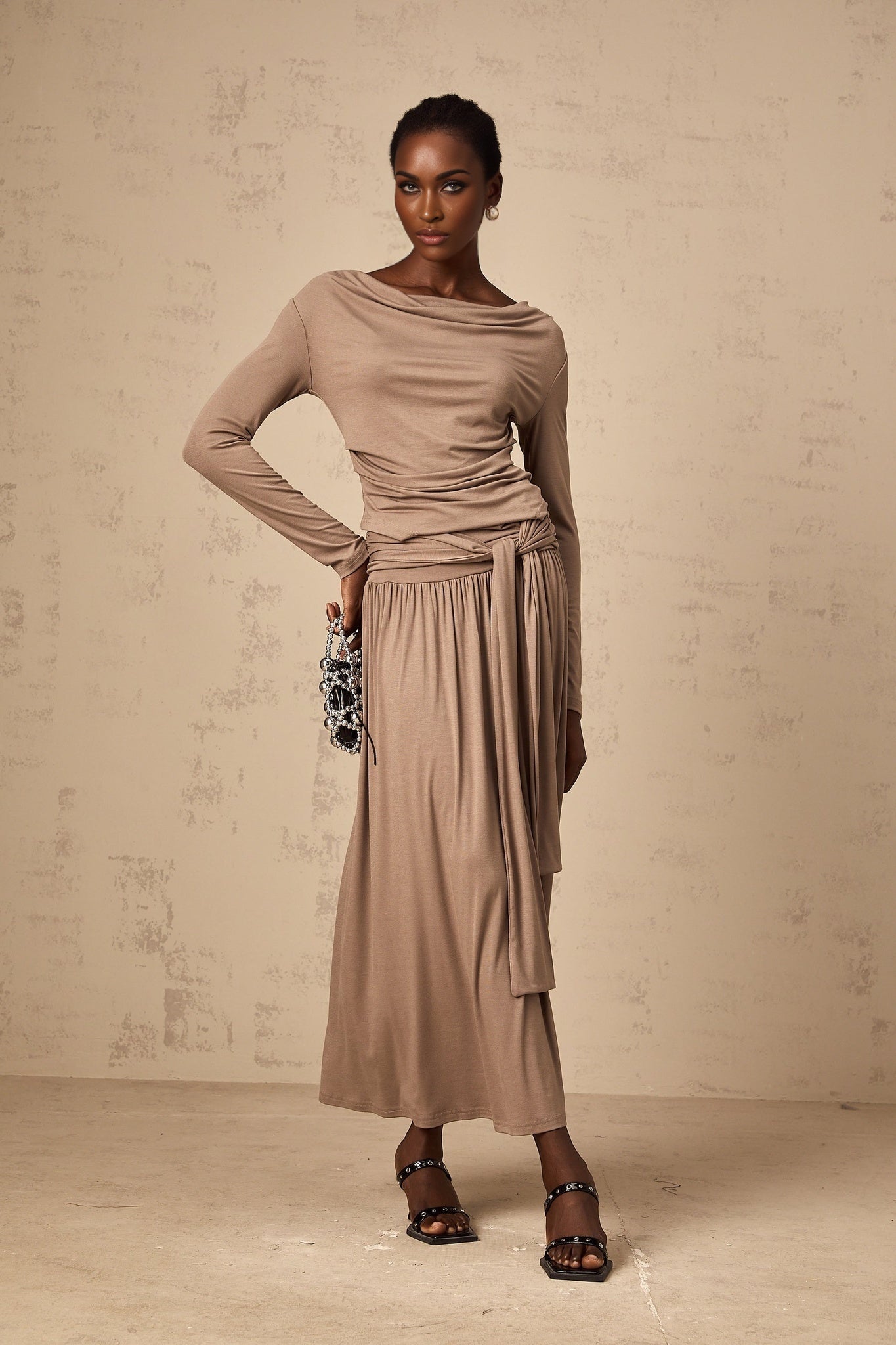 Tinsley Skirt & Top Set Oatmeal Draped Detail Matching Ensemble