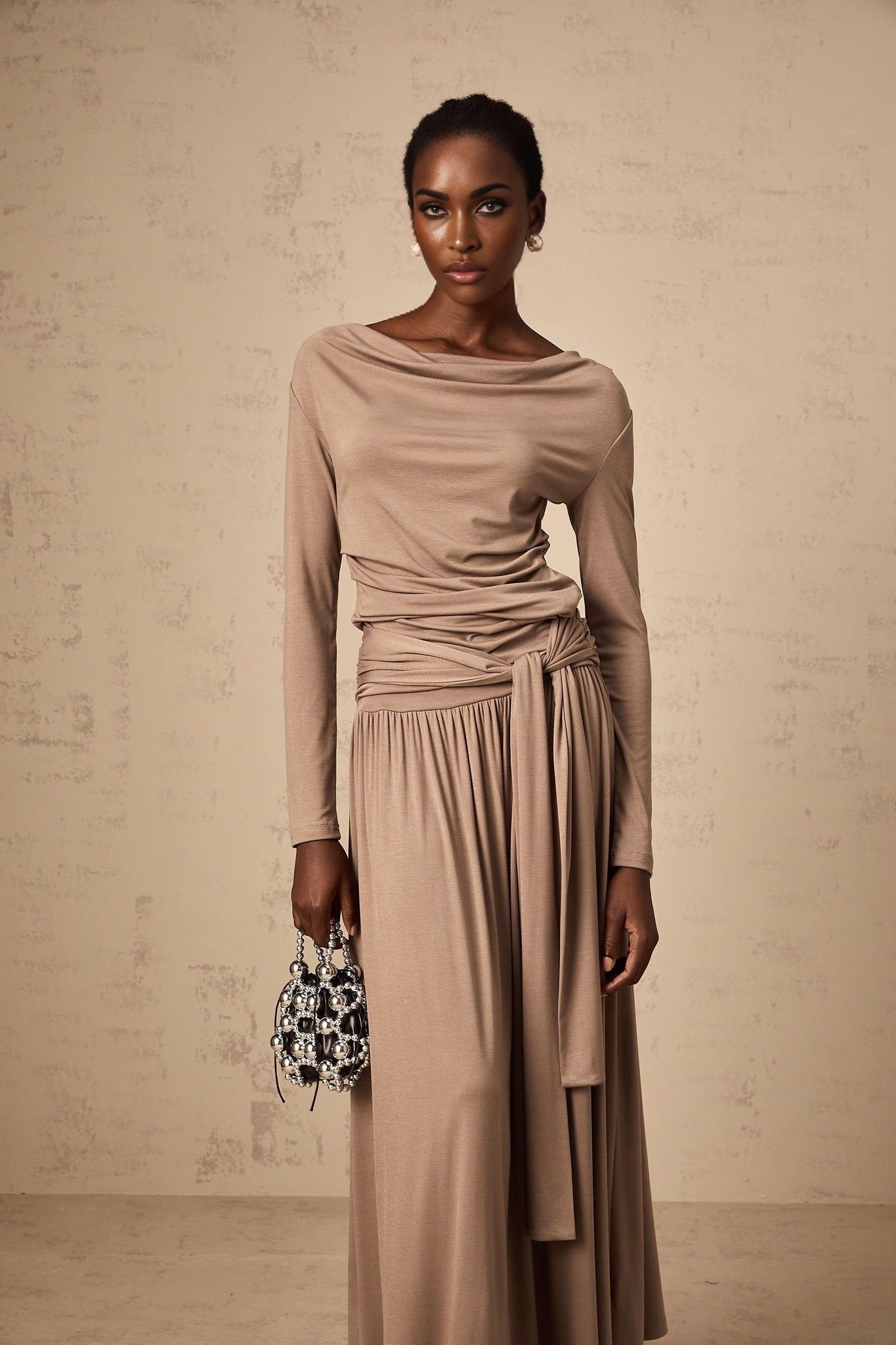 Tinsley Skirt & Top Set Oatmeal Draped Detail Matching Ensemble