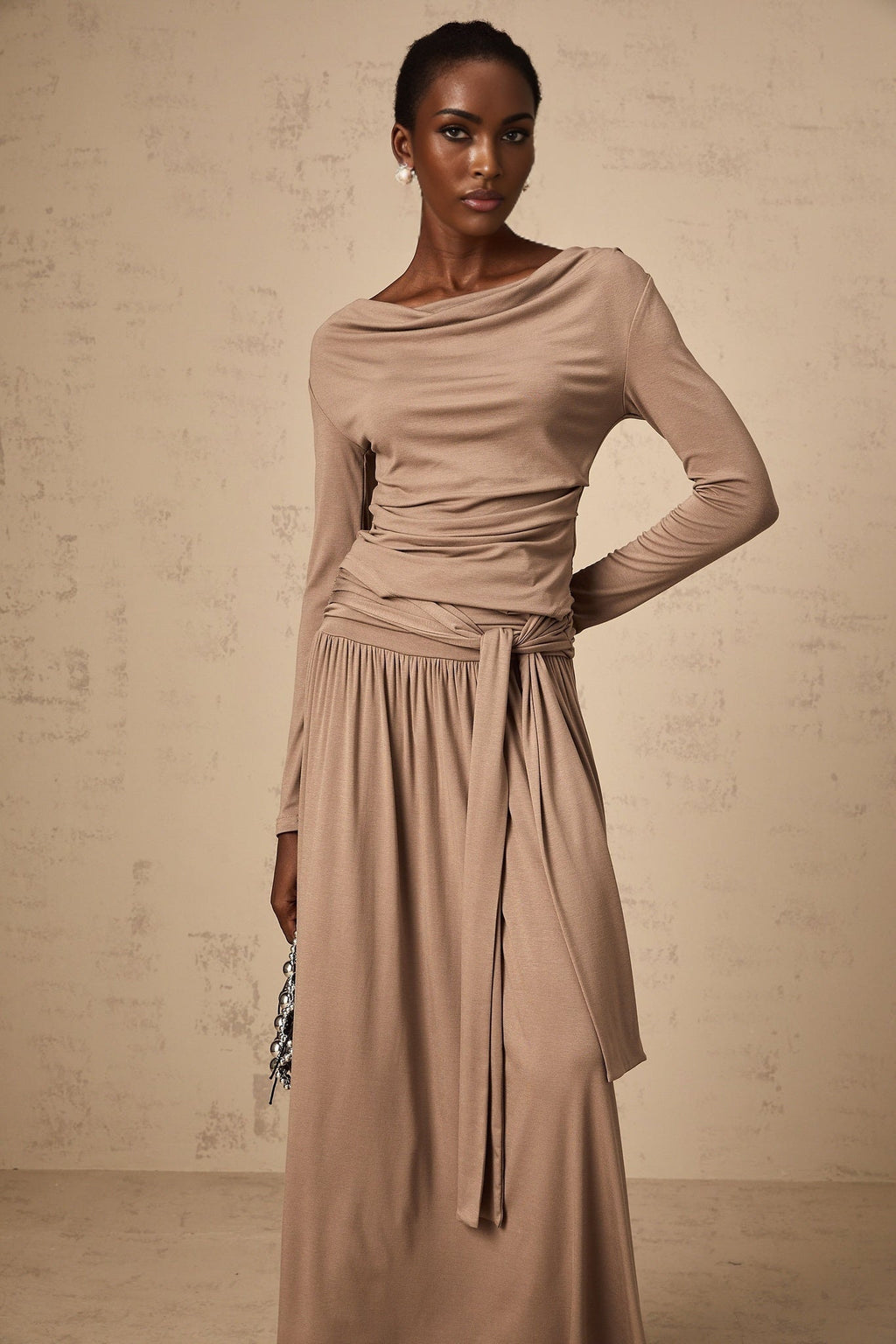 Tinsley Skirt & Top Set Oatmeal Draped Detail Matching Ensemble