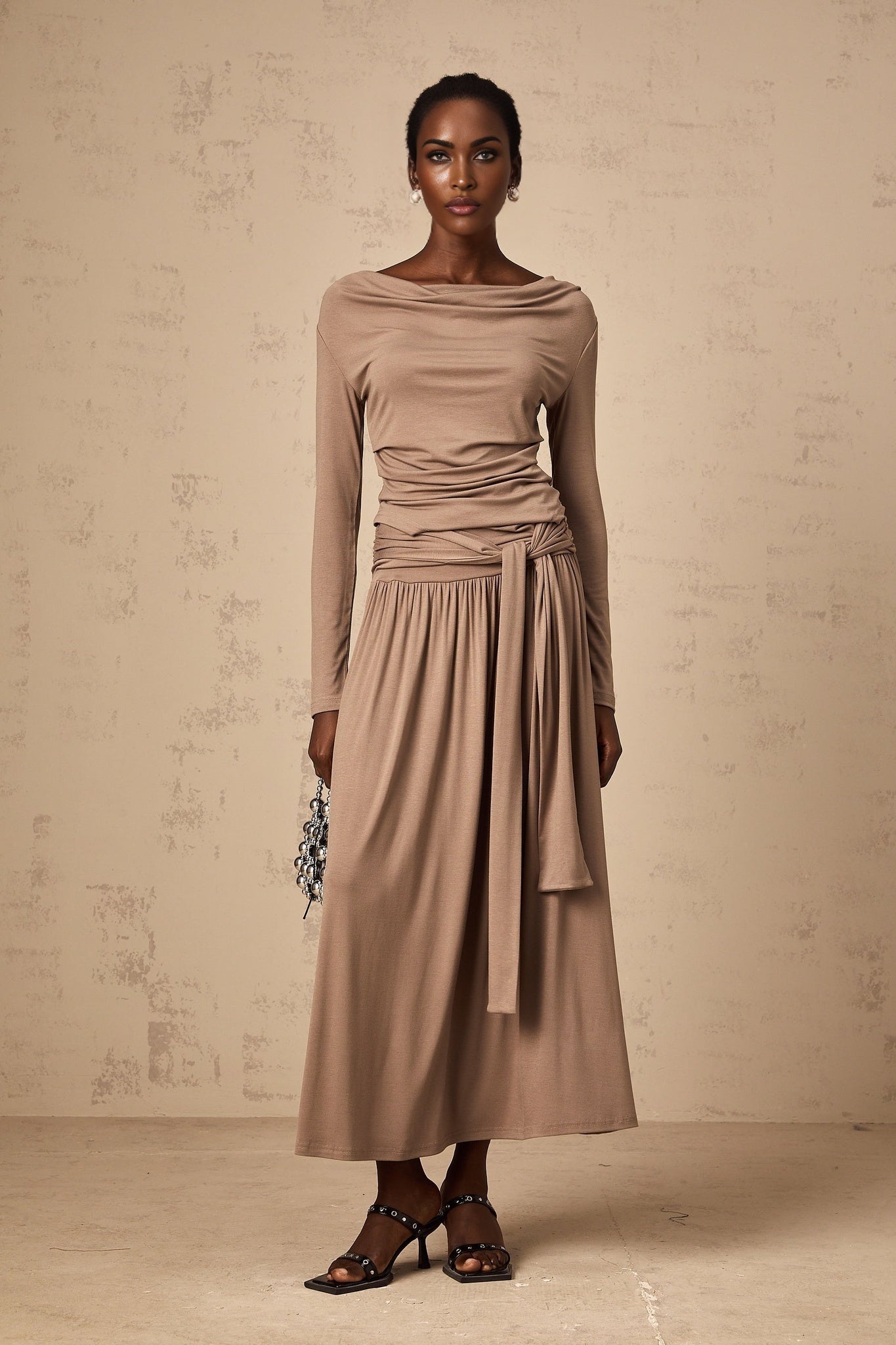 Tinsley Skirt & Top Set Oatmeal Draped Detail Matching Ensemble
