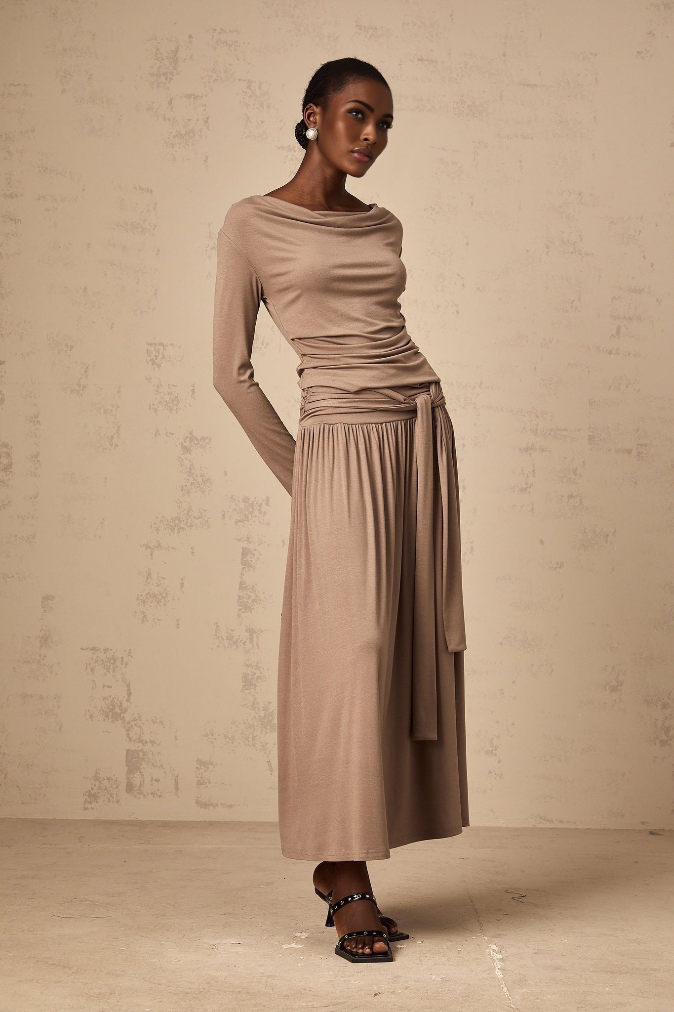 Tinsley Skirt & Top Set Oatmeal Draped Detail Matching Ensemble
