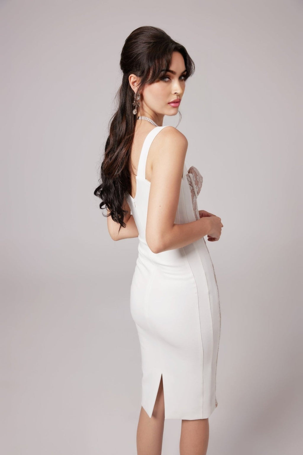 Titania Floral Lace Bustier Midi Dress With Sheer Paneling