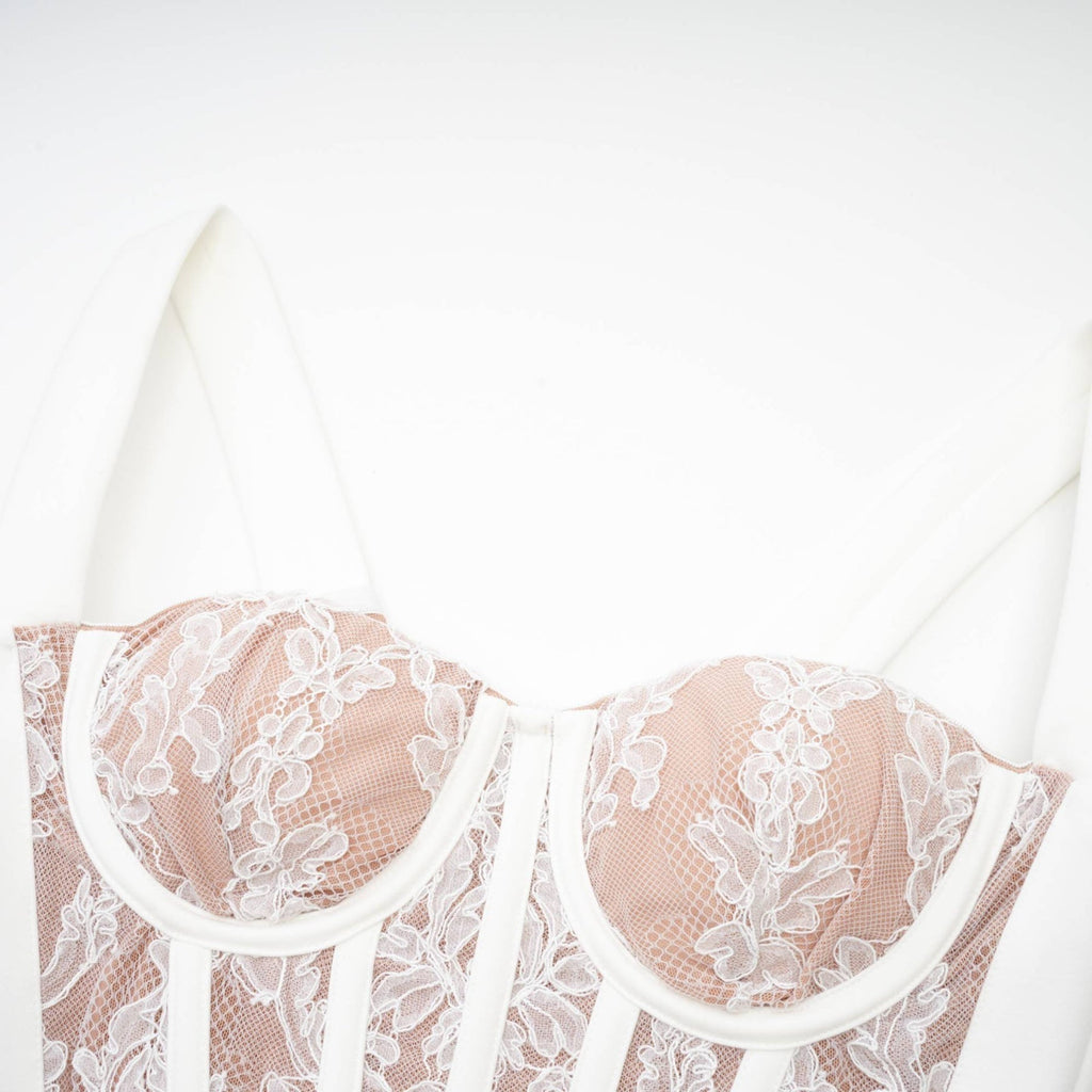 Titania Floral Lace Bustier Midi Dress With Sheer Paneling