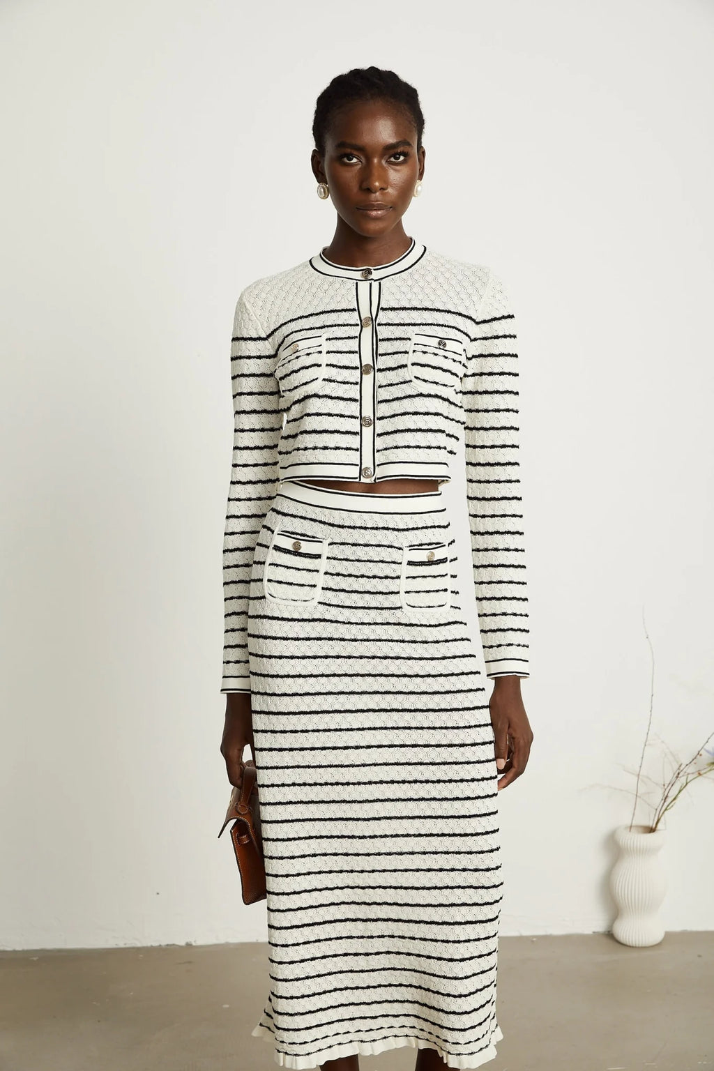 Tiziana Cardigan & Skirt Set in White & Black
