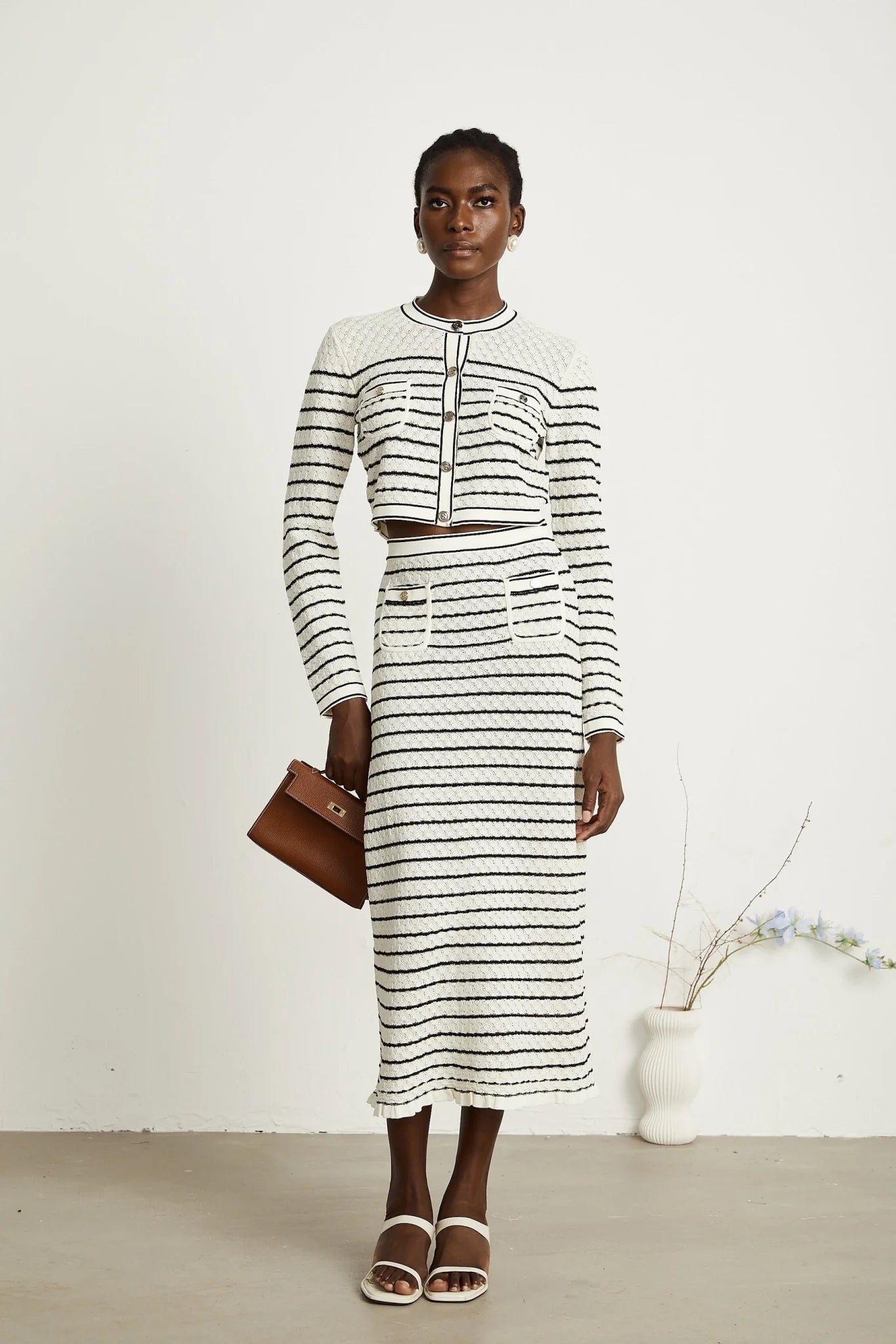 Tiziana Cardigan & Skirt Set in White & Black