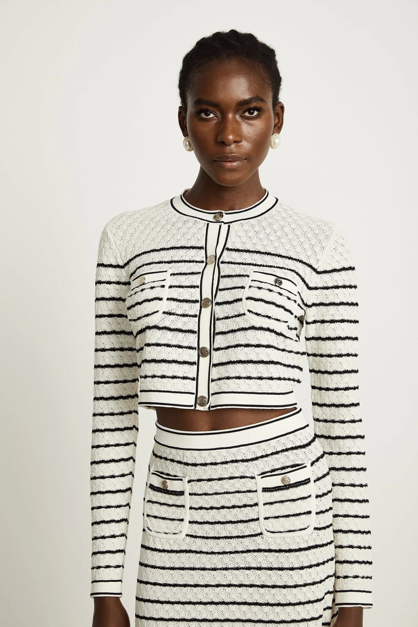 Tiziana Cardigan & Skirt Set in White & Black