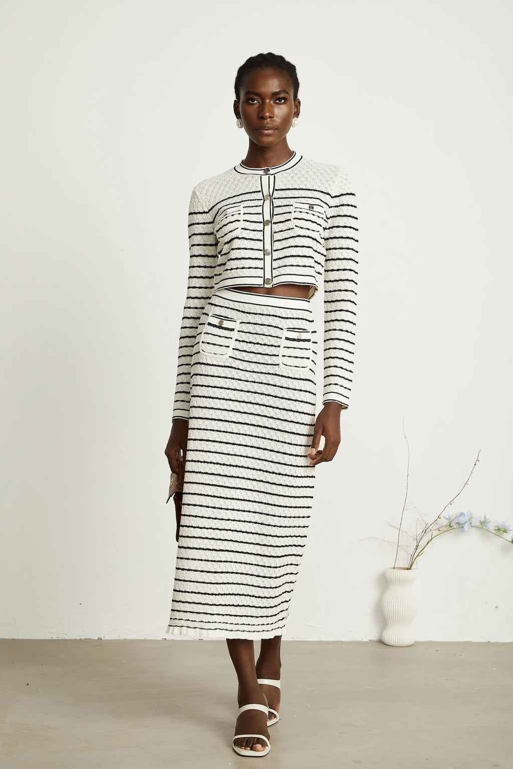 Tiziana Cardigan & Skirt Set in White & Black