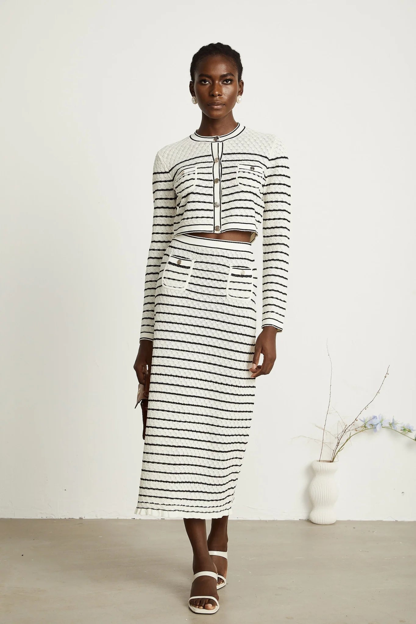 Tiziana Cardigan & Skirt Set in White & Black