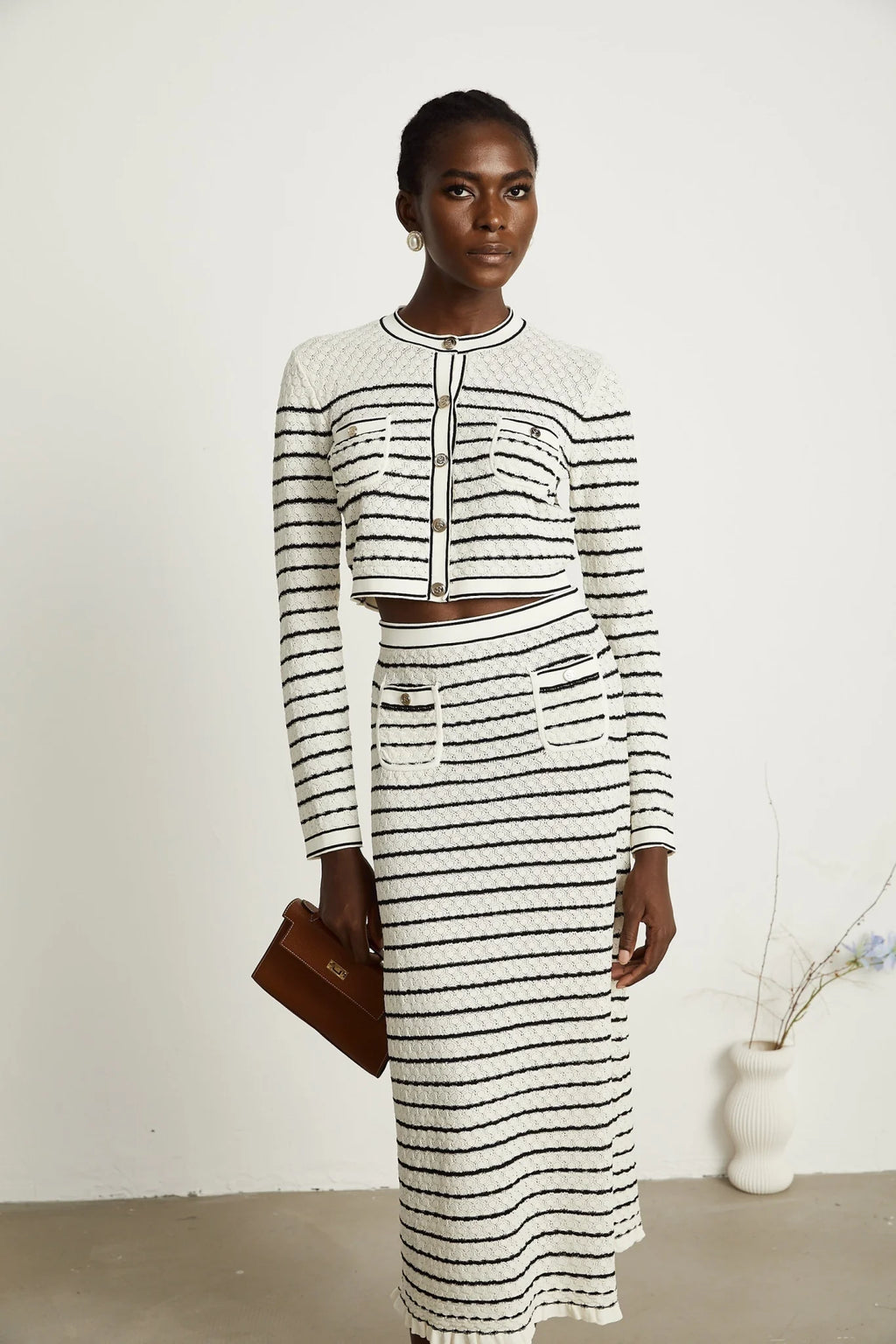 Tiziana Cardigan & Skirt Set in White & Black