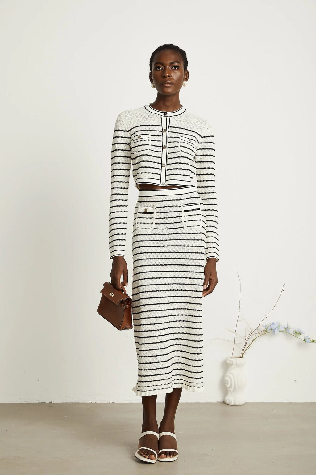 Tiziana Cardigan & Skirt Set in White & Black
