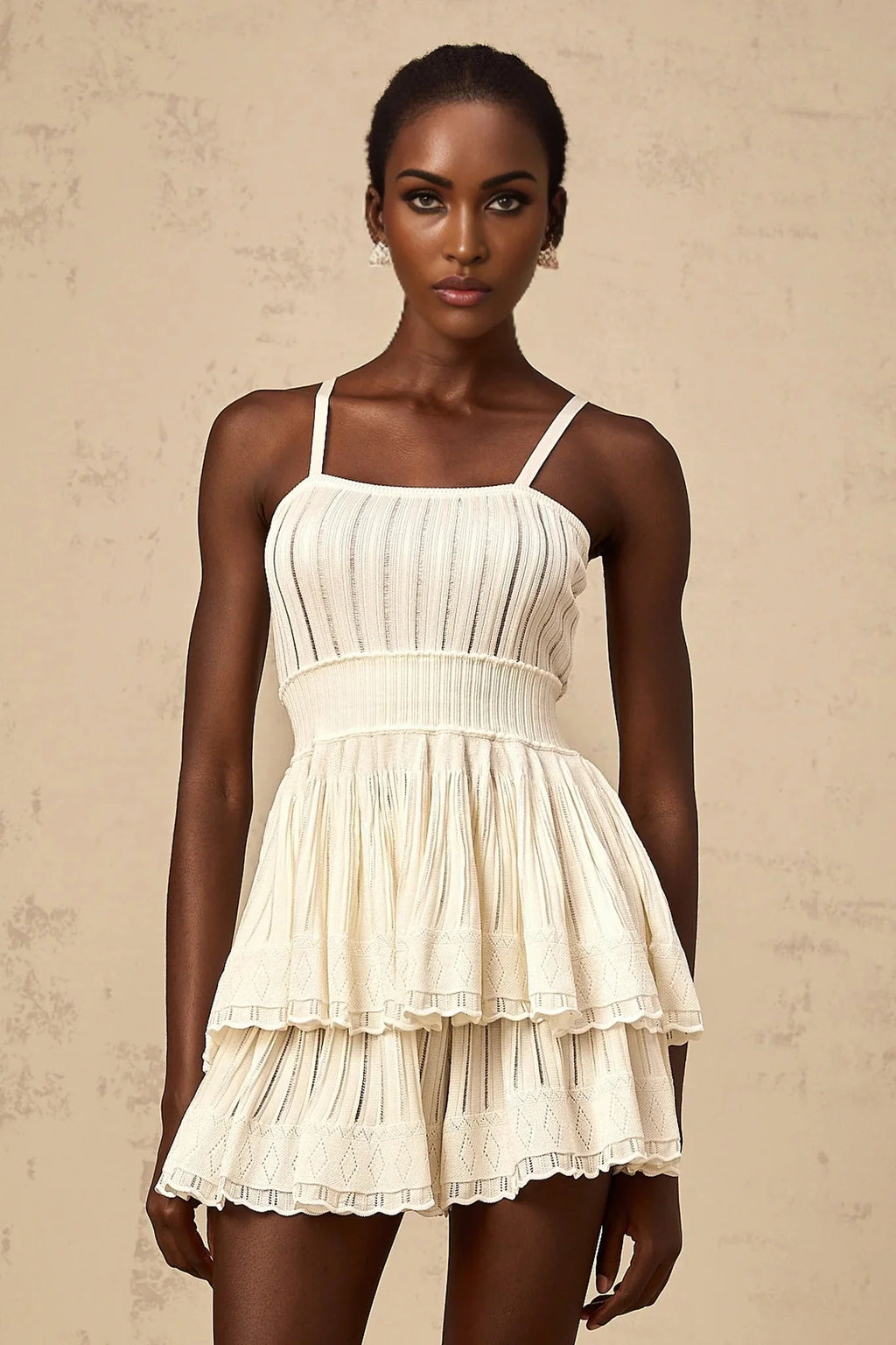 Tiziana Knit Top & Culottes Set with Tiered Design in White