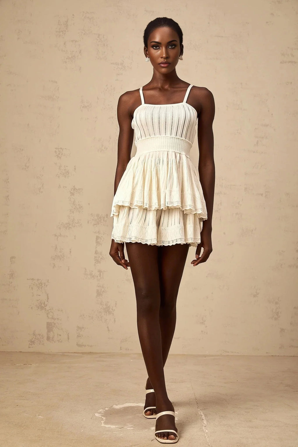 Tiziana Knit Top & Culottes Set with Tiered Design in White