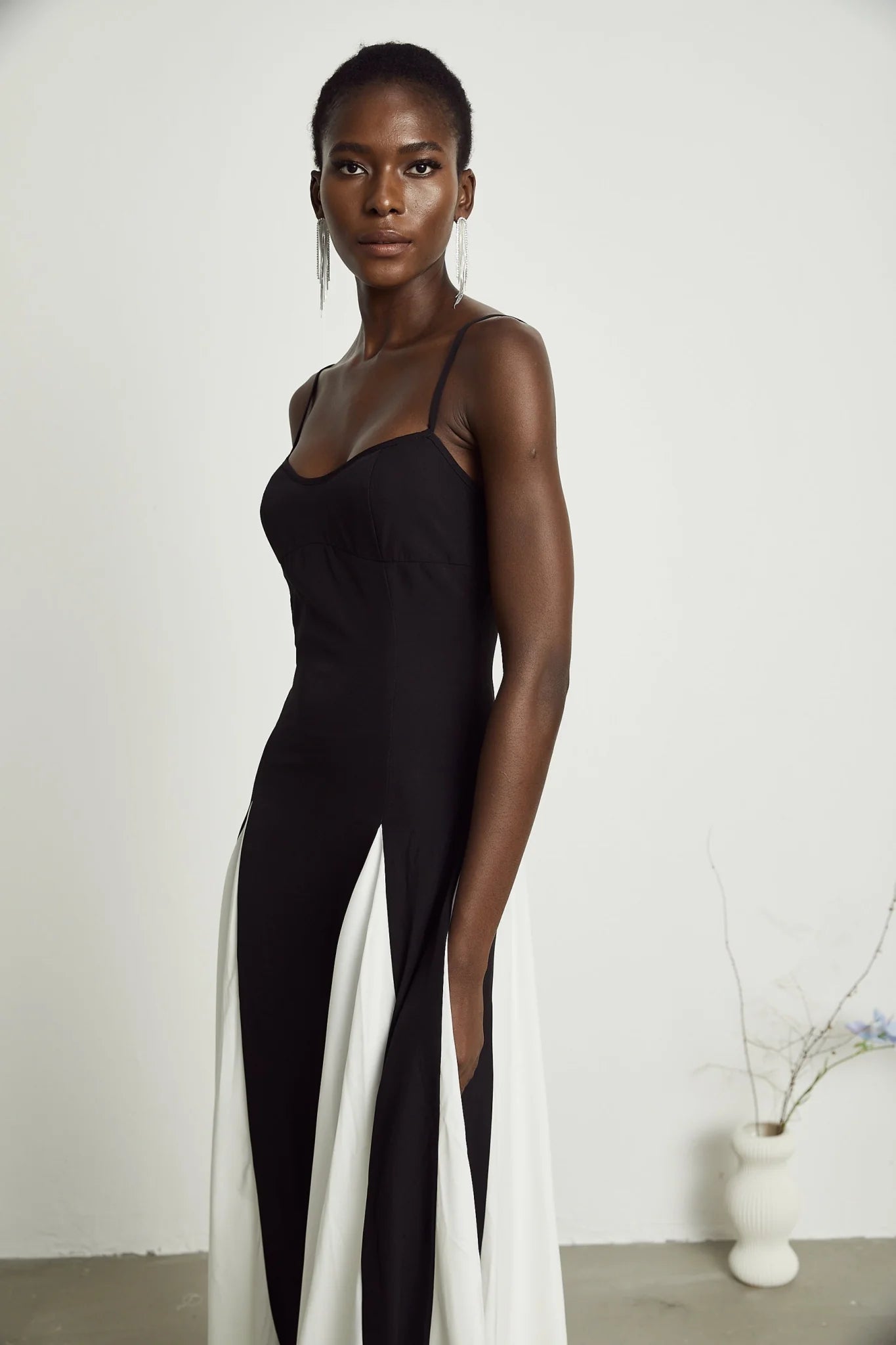 Tiziana Maxi Dress in Black & White Pleats with Scoop Back & Adjustable Straps
