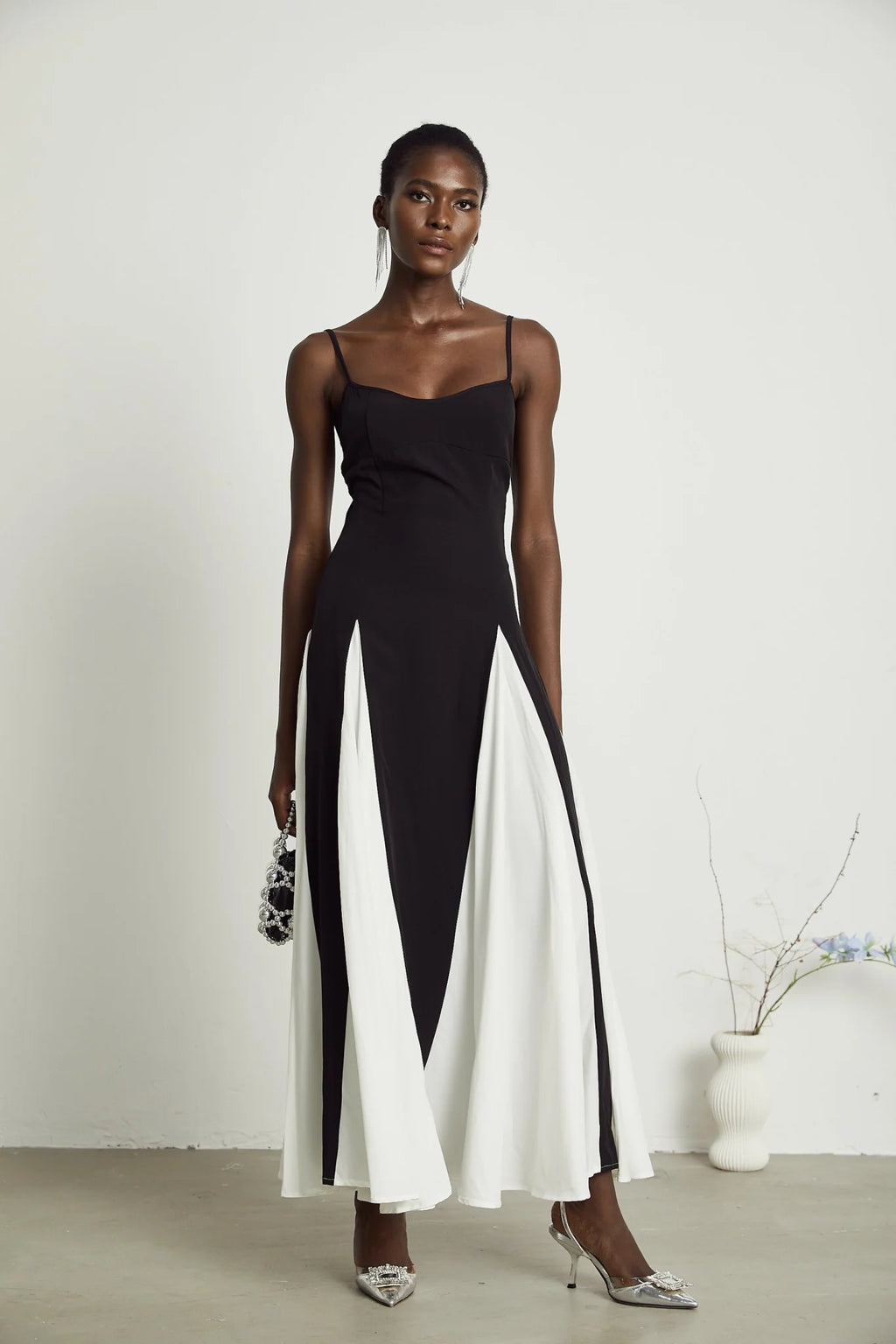 Tiziana Maxi Dress in Black & White Pleats with Scoop Back & Adjustable Straps