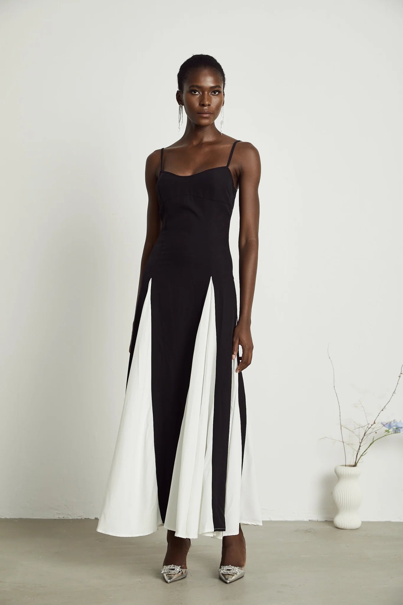 Tiziana Maxi Dress in Black & White Pleats with Scoop Back & Adjustable Straps