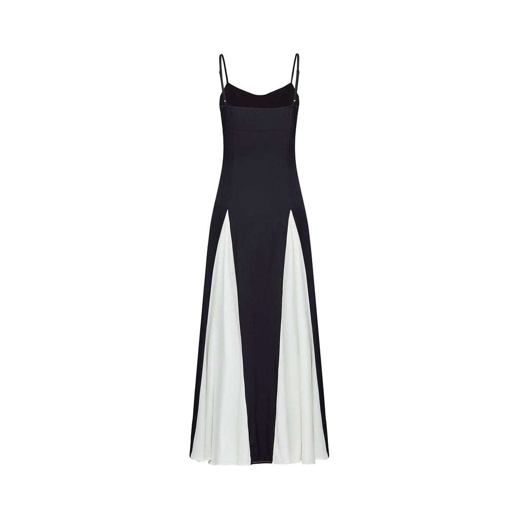 Tiziana Maxi Dress in Black & White Pleats with Scoop Back & Adjustable Straps