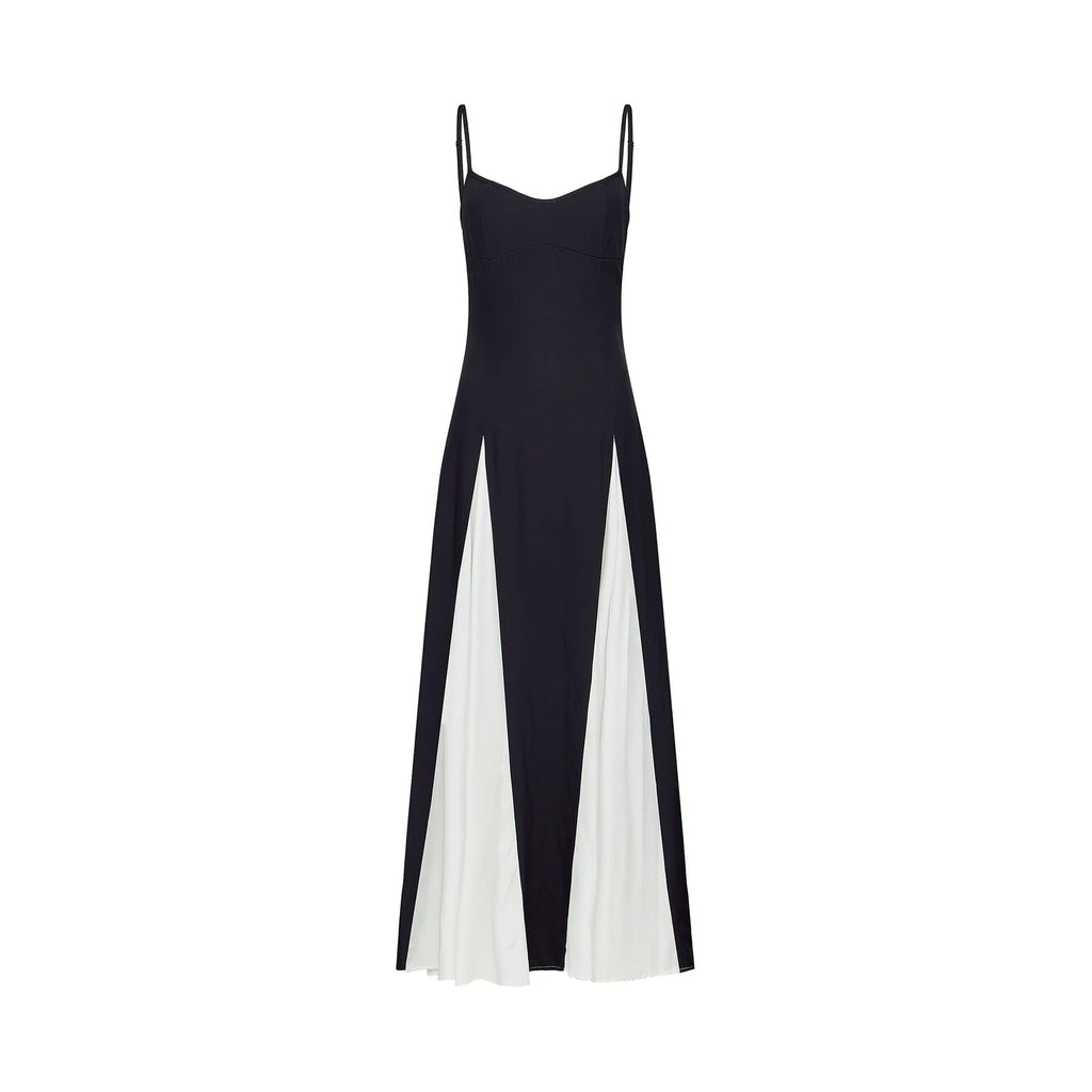 Tiziana Maxi Dress in Black & White Pleats with Scoop Back & Adjustable Straps