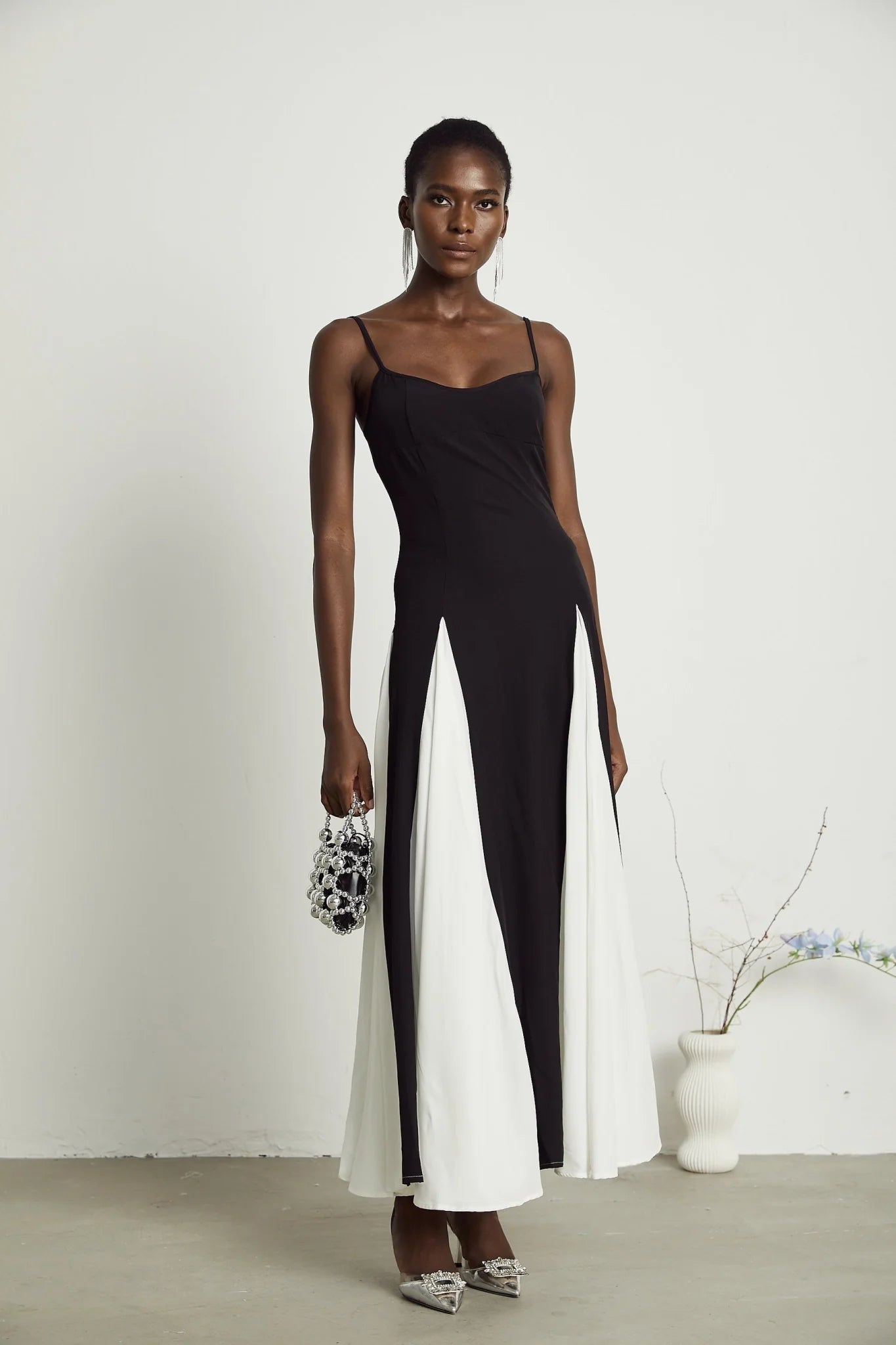 Tiziana Maxi Dress in Black & White Pleats with Scoop Back & Adjustable Straps