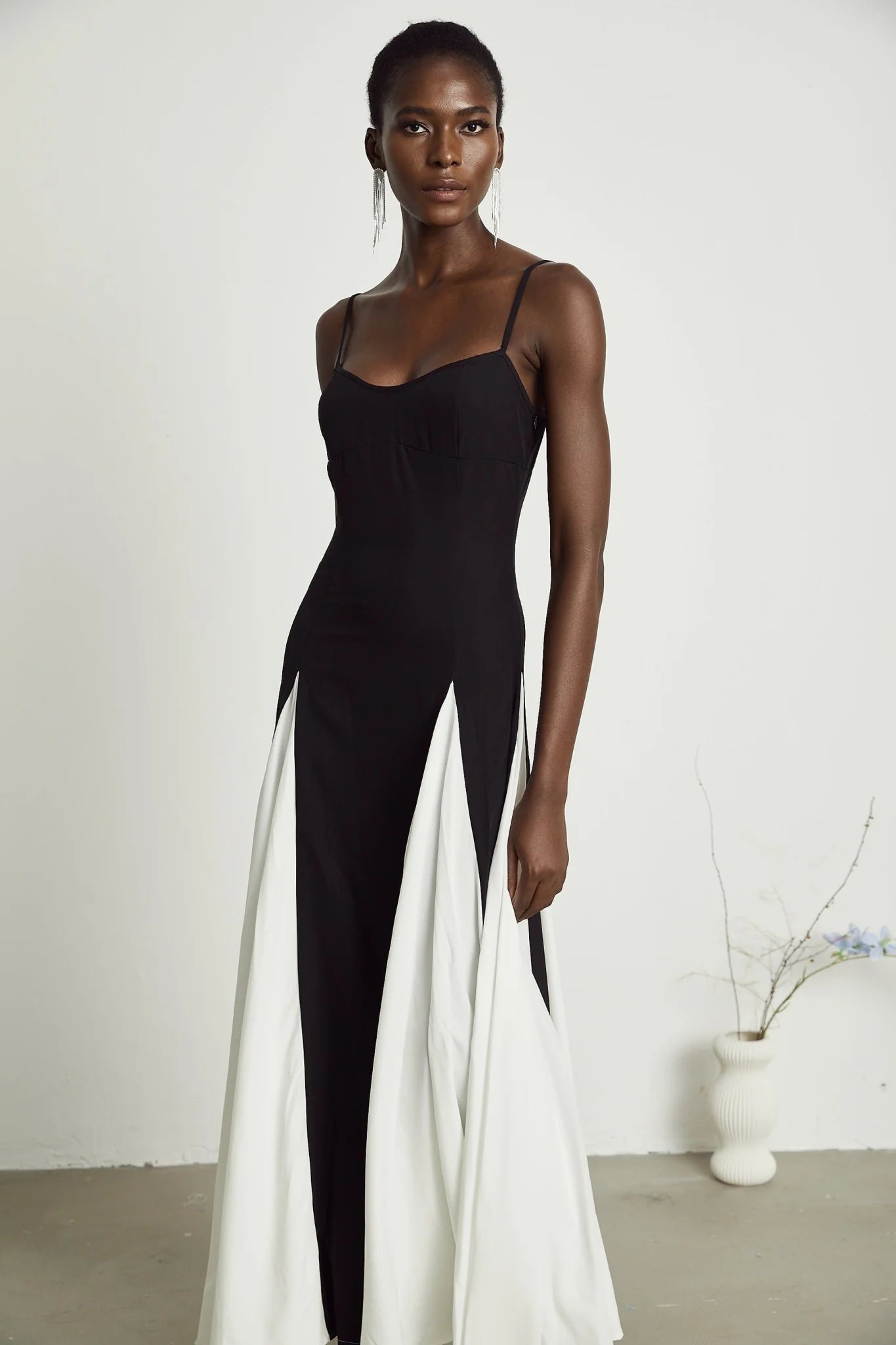 Tiziana Maxi Dress in Black & White Pleats with Scoop Back & Adjustable Straps