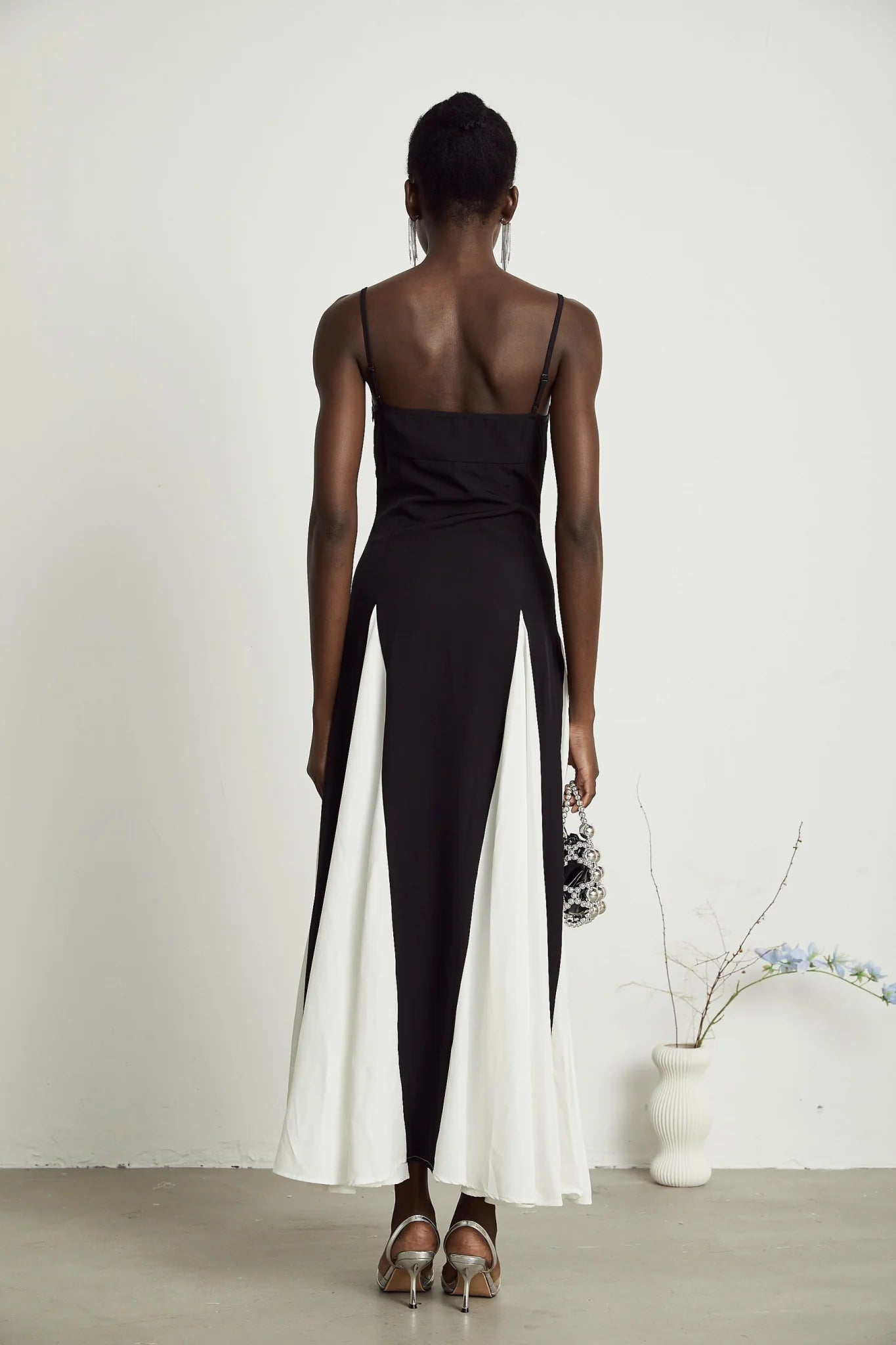 Tiziana Maxi Dress in Black & White Pleats with Scoop Back & Adjustable Straps