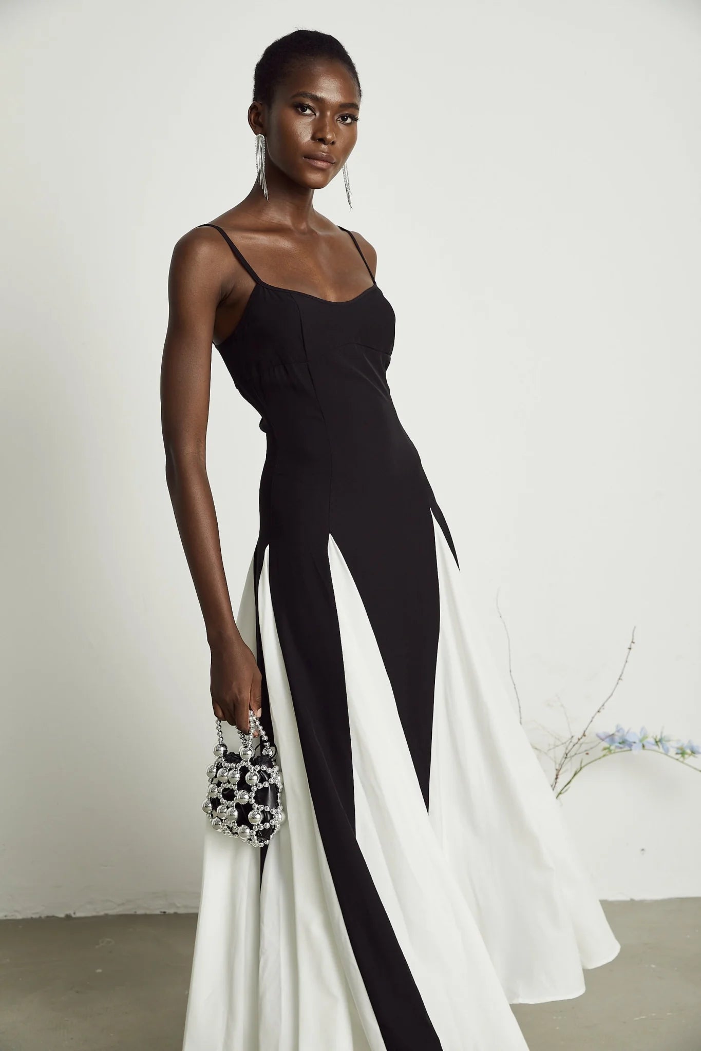 Tiziana Maxi Dress in Black & White Pleats with Scoop Back & Adjustable Straps